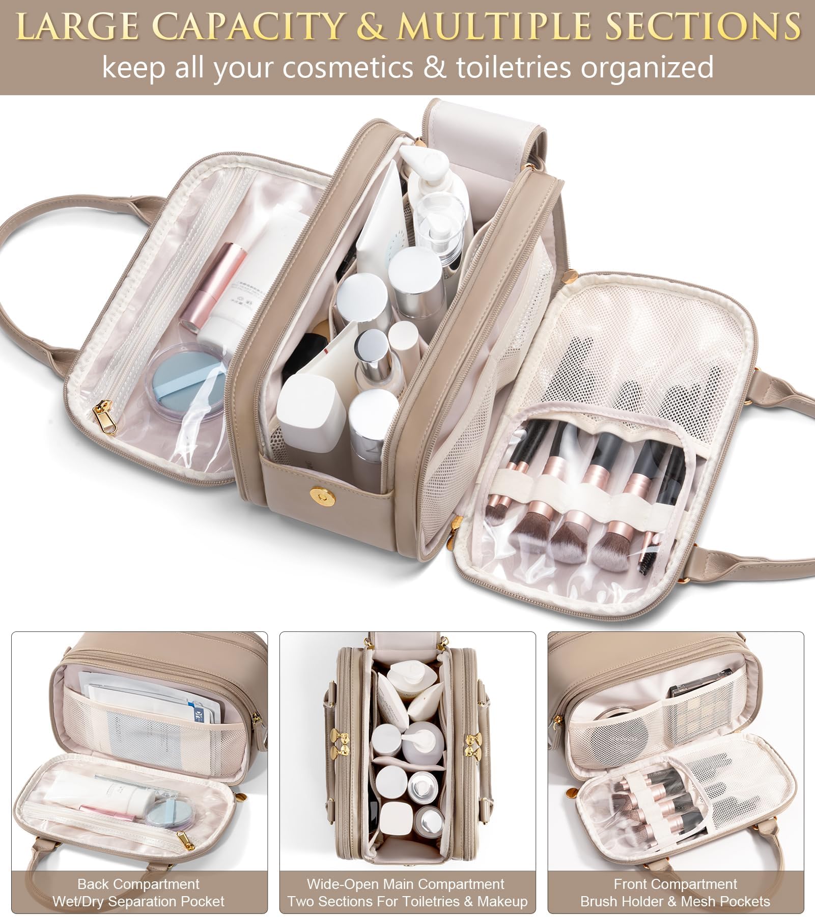 Bagstellar Travel Makeup Bag – Large Quilted Organizer in Camel