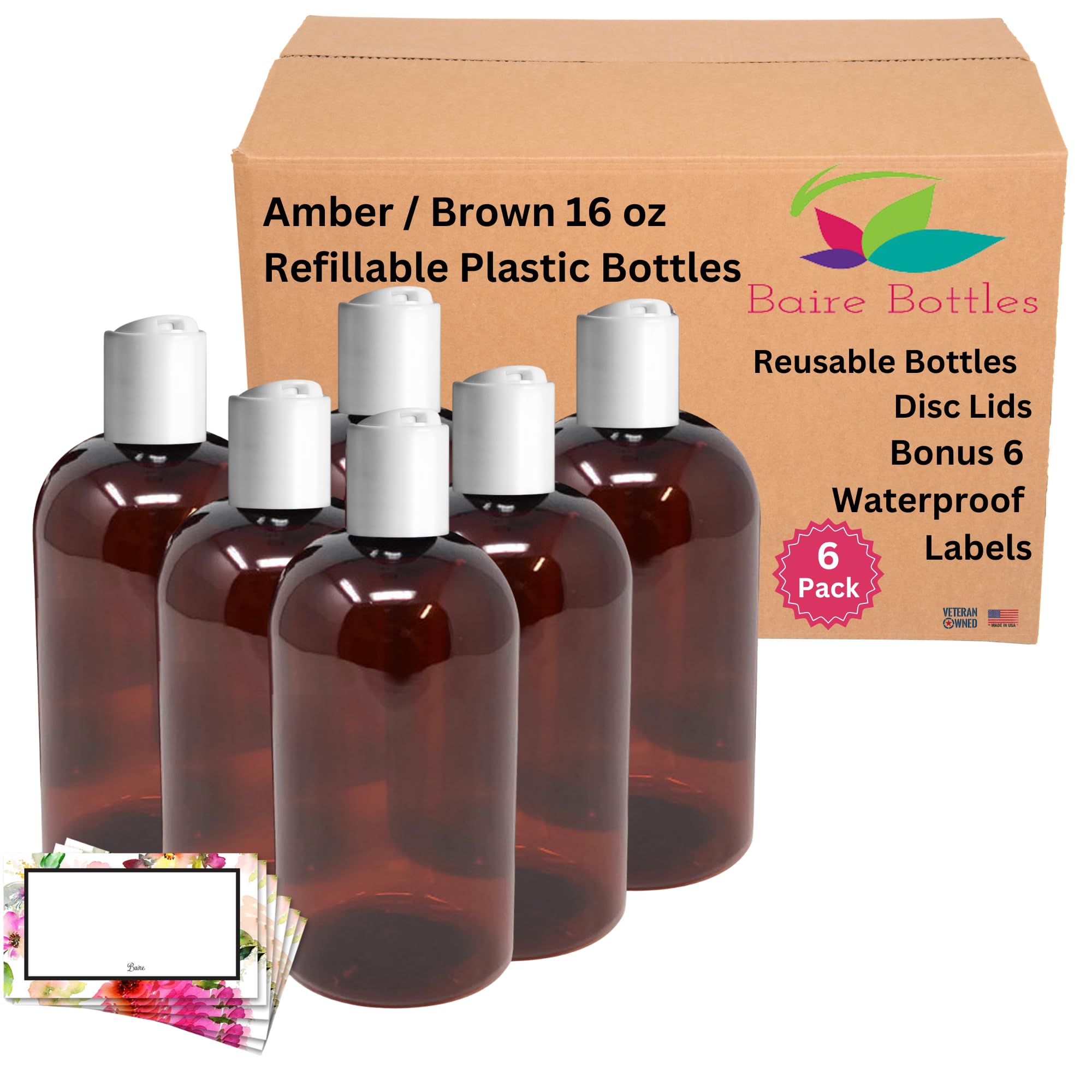 Baire Bottles 16 oz Refillable PET Bottles with Disc Lids – 6 Pack