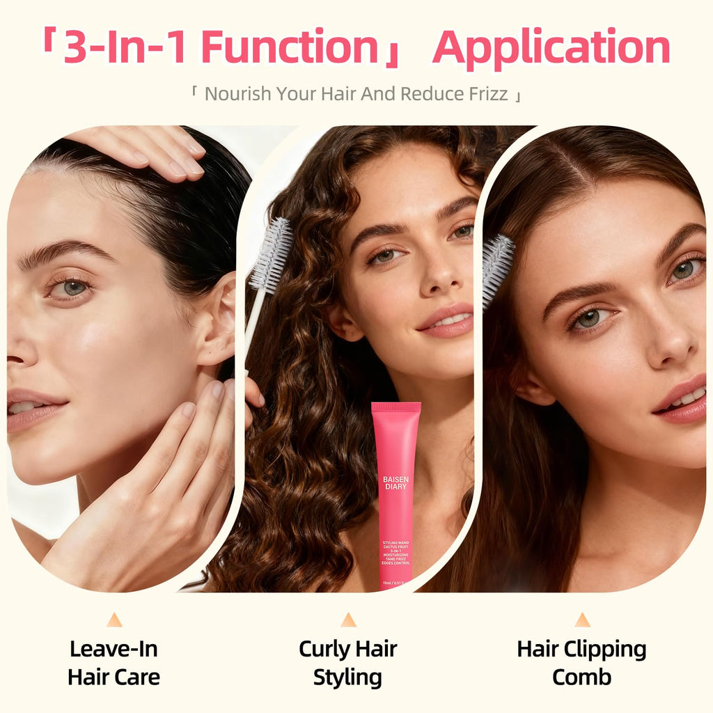 BAISEN DIARY 2 Pack Hair Cactus Fruit 3-in-1 Styling Cream & Flyaway Wand – Frizz Control & Shine