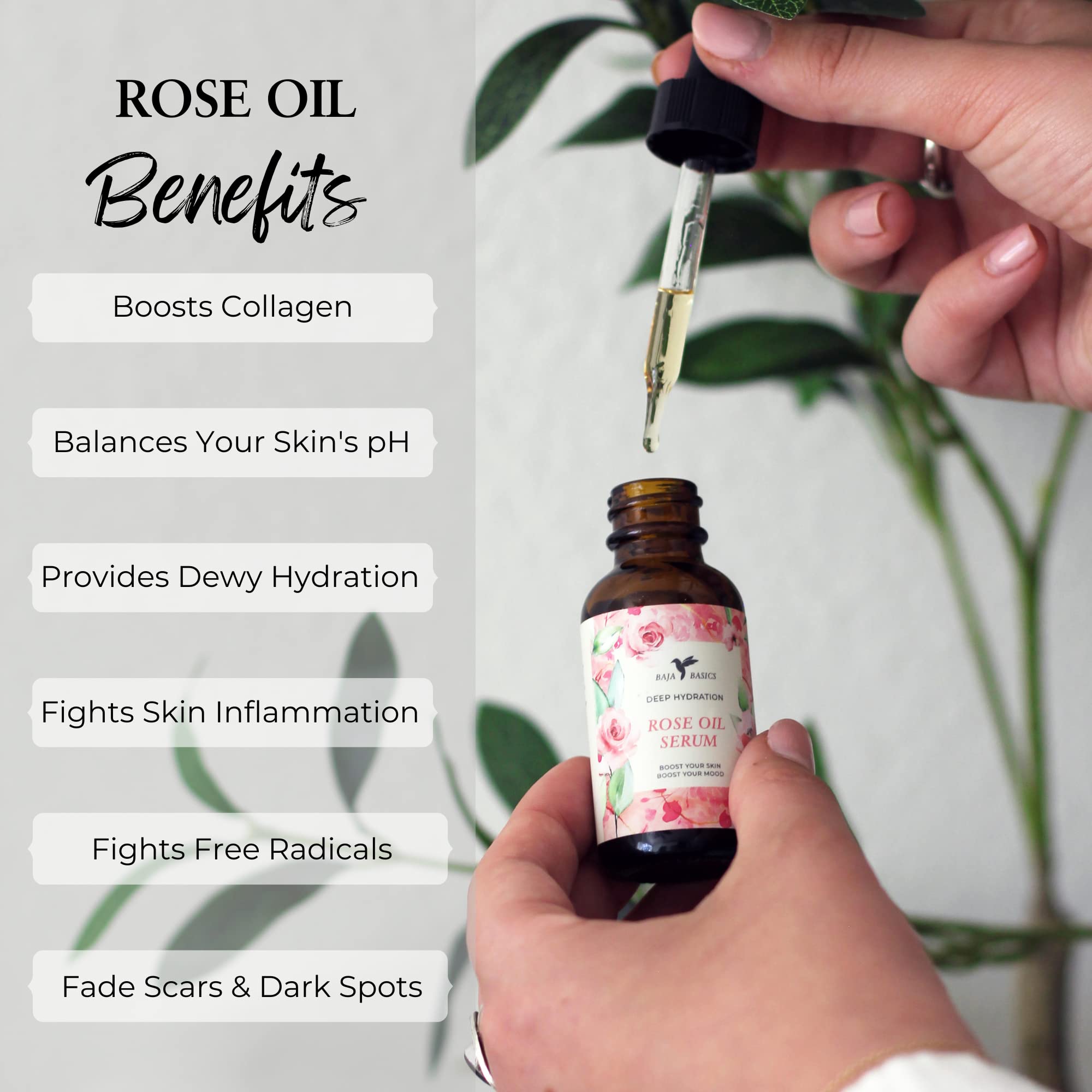 Baja Basics Rose Oil for Face, Hair & Nails – Rose Essential Oil Serum, 1 oz