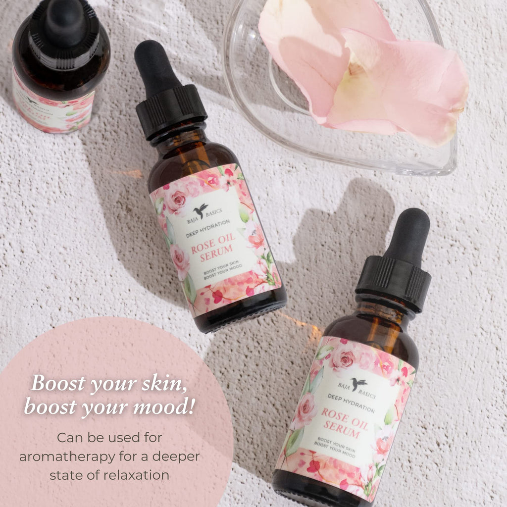 Baja Basics Rose Oil for Face, Hair & Nails – Rose Essential Oil Serum, 1 oz