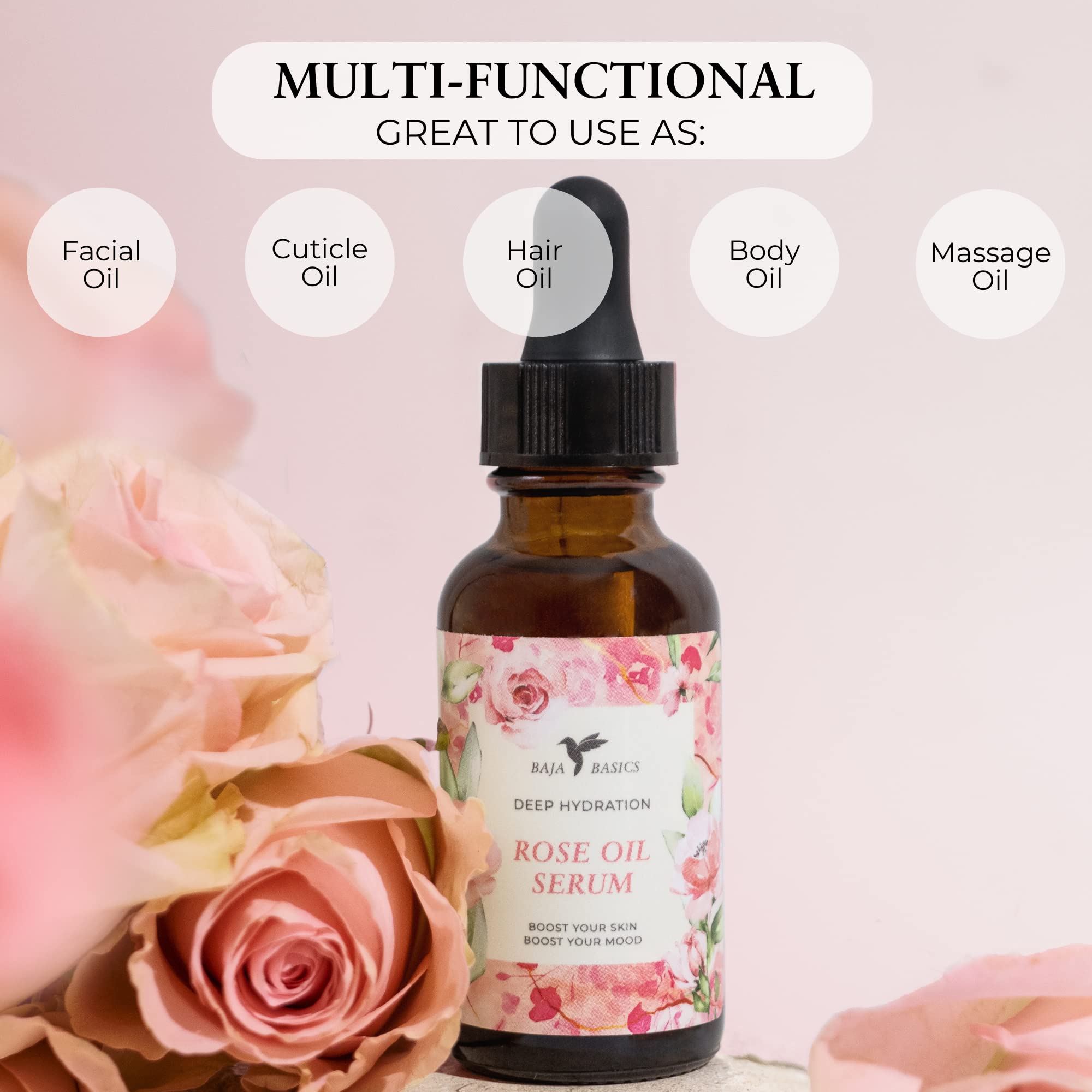 Baja Basics Rose Oil for Face, Hair & Nails – Rose Essential Oil Serum, 1 oz