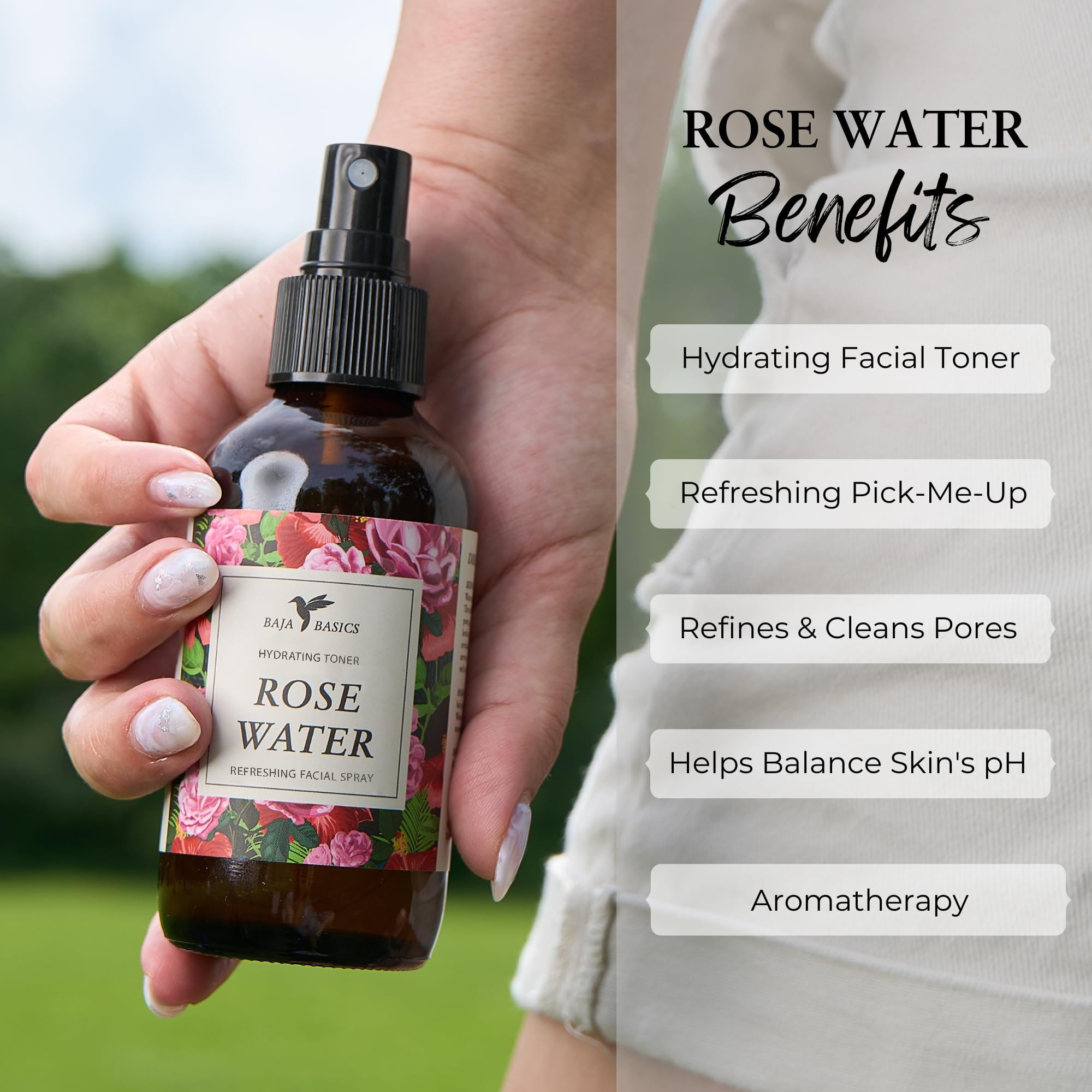 Rose Water Spray for Face by Baja Basics – Pure Organic Rosewater Toner for Skin & Hair (4 oz)