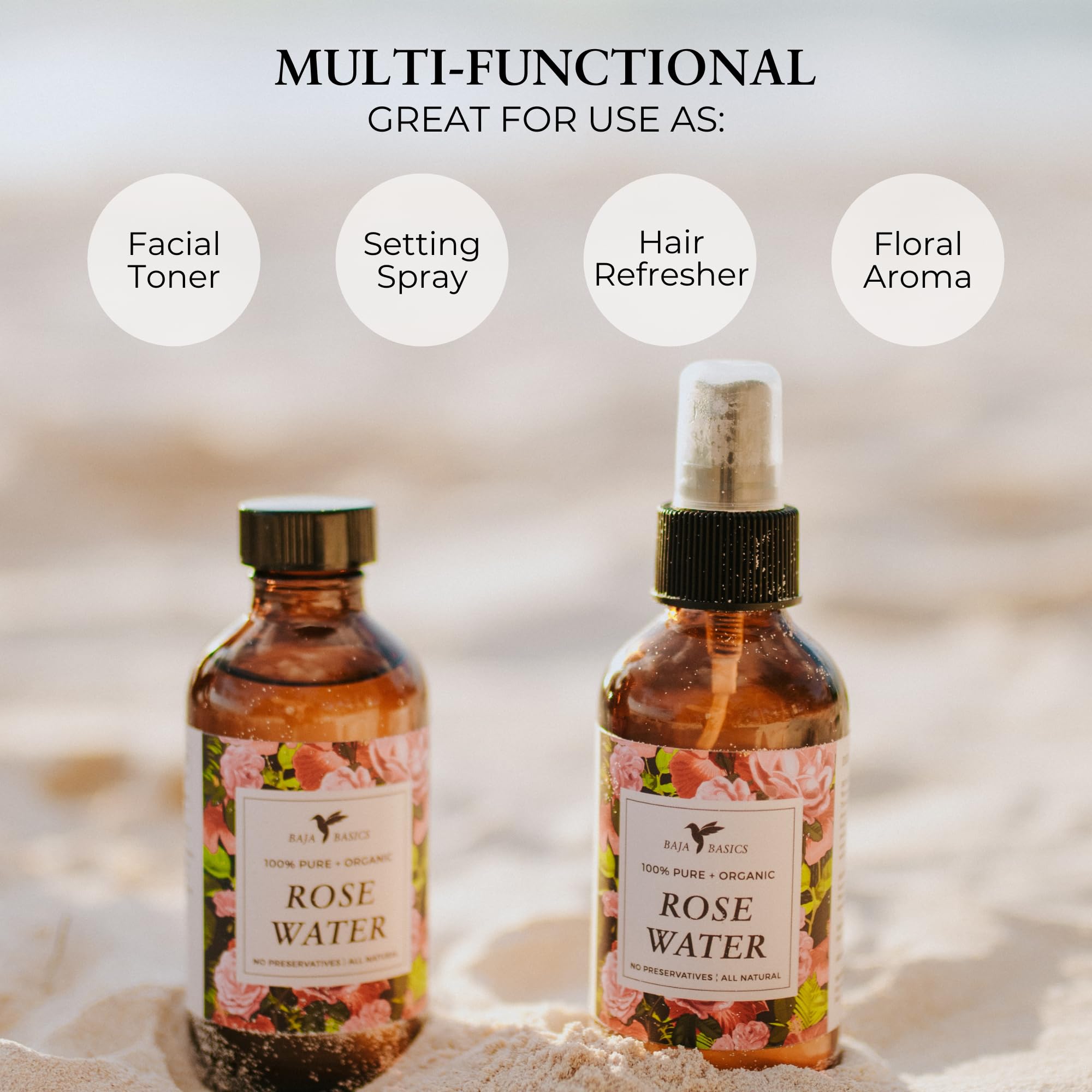 Rose Water Spray for Face by Baja Basics – Pure Organic Rosewater Toner for Skin & Hair (4 oz)