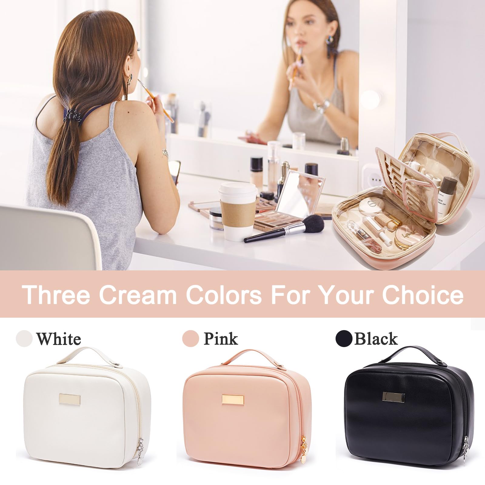 BAKLUCK Travel Makeup Bag – Large Capacity Transparent Double-Sided Organizer with Brush Compartment | PU Waterproof Leather, Pink
