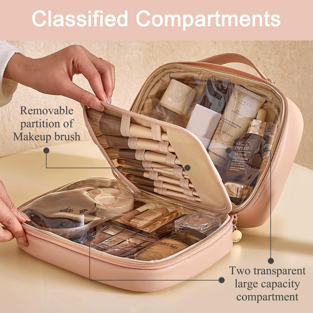 BAKLUCK Travel Makeup Bag – Large Capacity Transparent Double-Sided Organizer with Brush Compartment | PU Waterproof Leather, Pink