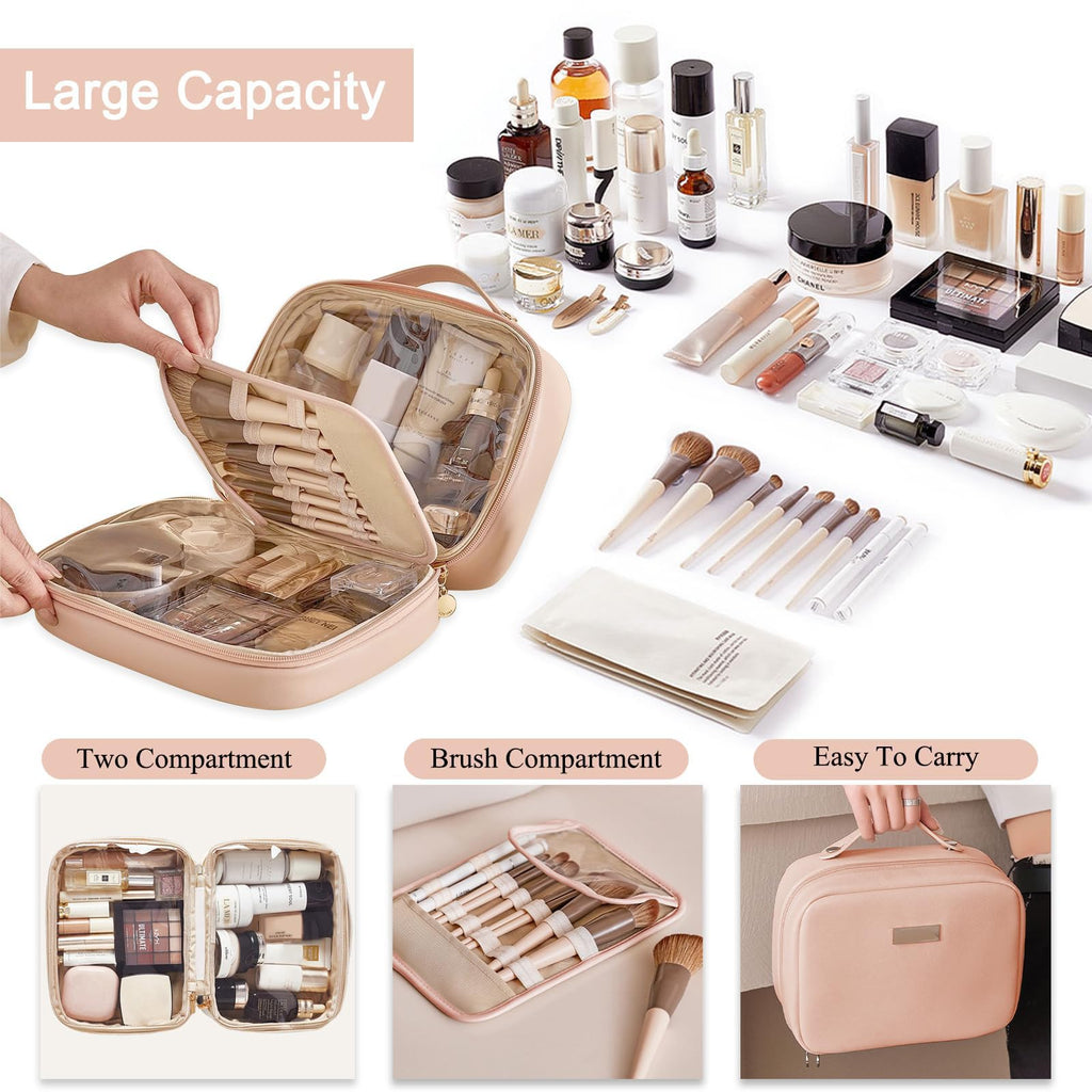 BAKLUCK Travel Makeup Bag – Large Capacity Transparent Double-Sided Organizer with Brush Compartment | PU Waterproof Leather, Pink