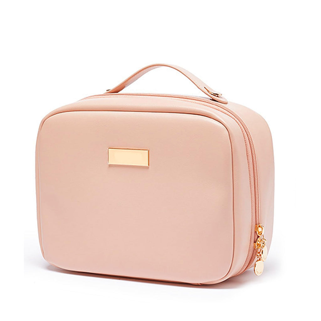 BAKLUCK Travel Makeup Bag – Large Capacity Transparent Double-Sided Organizer with Brush Compartment | PU Waterproof Leather, Pink