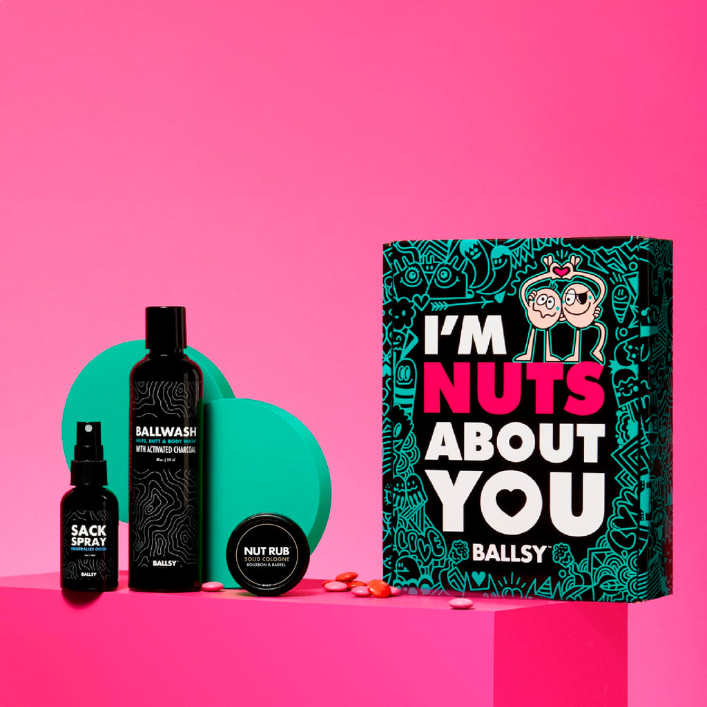 Ballsy Nuts About You Sack Pack – Fresh Kit with Ballwash, Sack Spray & Nut Rub (Bourbon & Barrel)
