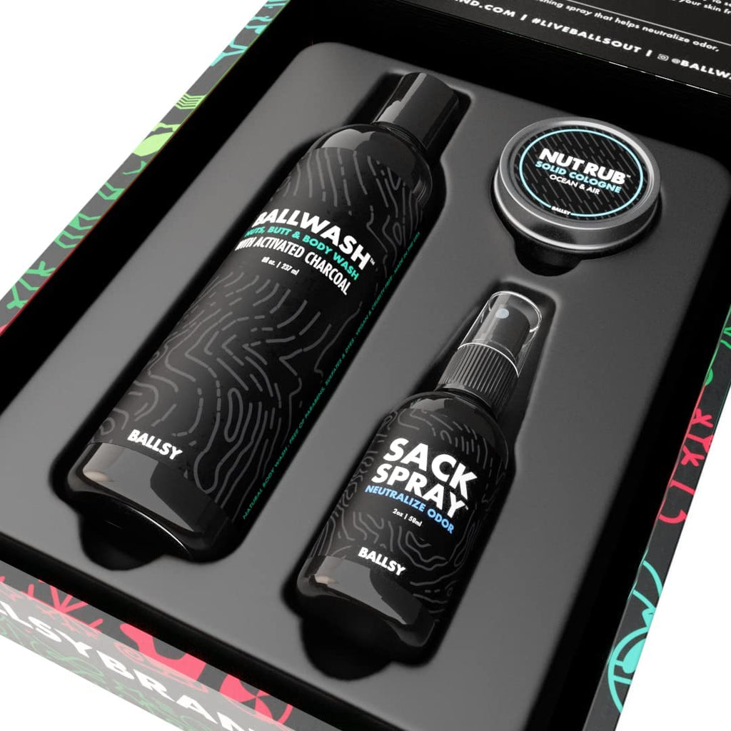 Ballsy Gift Set for Men | Jolly Jewels Pack – Body Wash, Deodorizing Spray & Cologne Rub | Ocean & Air