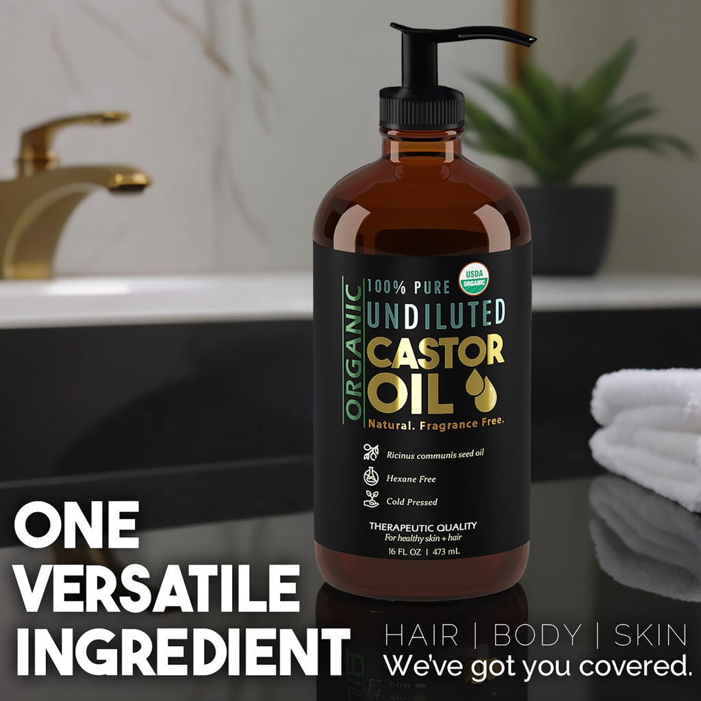 BALM OF GILEAD Organic Castor Oil — 16 oz Cold-Pressed, Hexane-Free, USDA Certified Pure in Glass Bottle