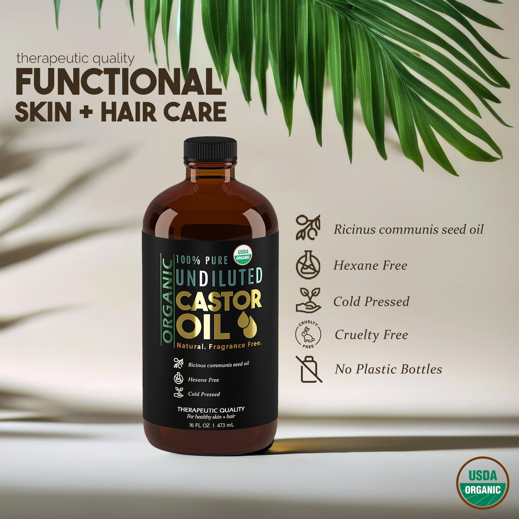 BALM OF GILEAD Organic Castor Oil — 16 oz Cold-Pressed, Hexane-Free, USDA Certified Pure in Glass Bottle