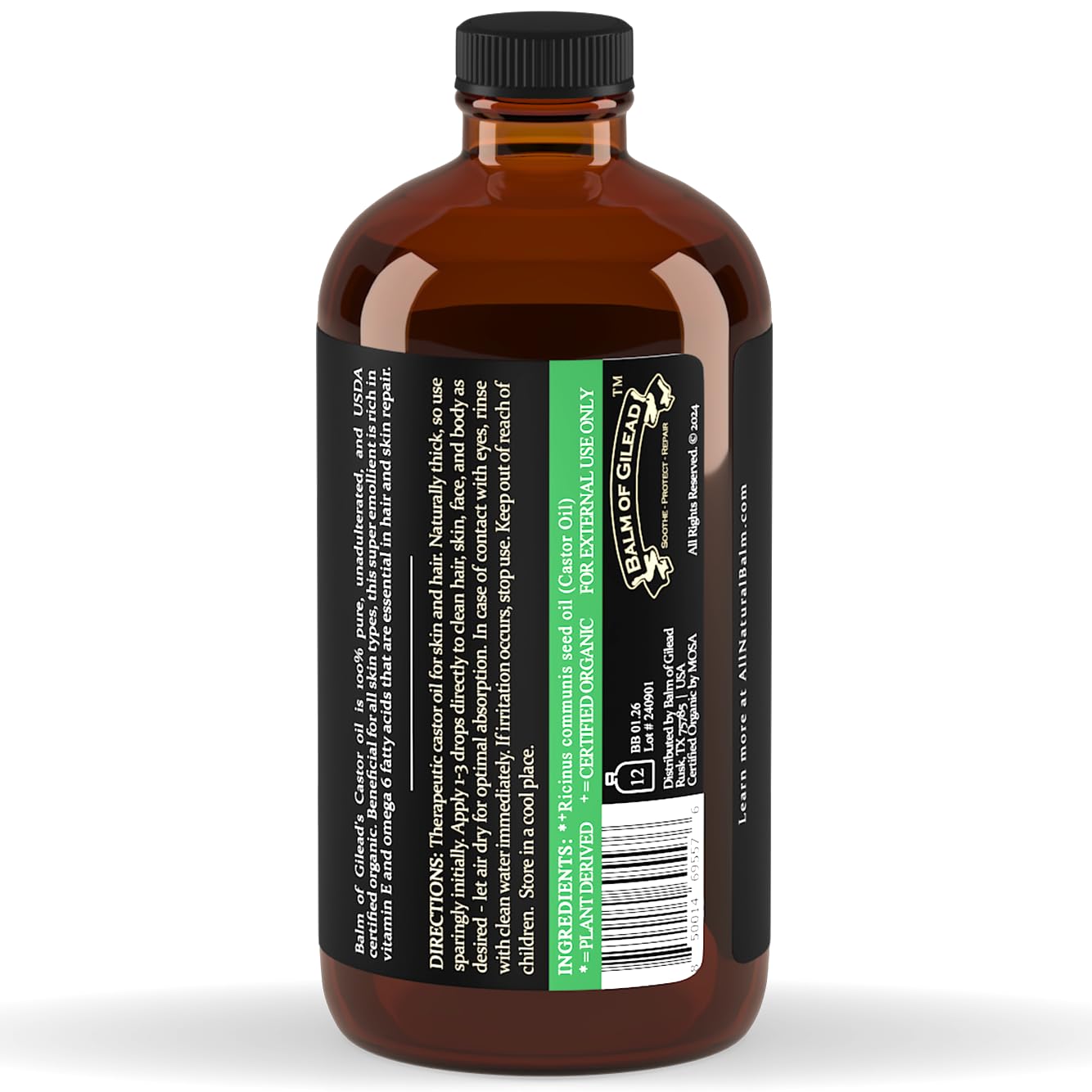 BALM OF GILEAD Organic Castor Oil — 16 oz Cold-Pressed, Hexane-Free, USDA Certified Pure in Glass Bottle