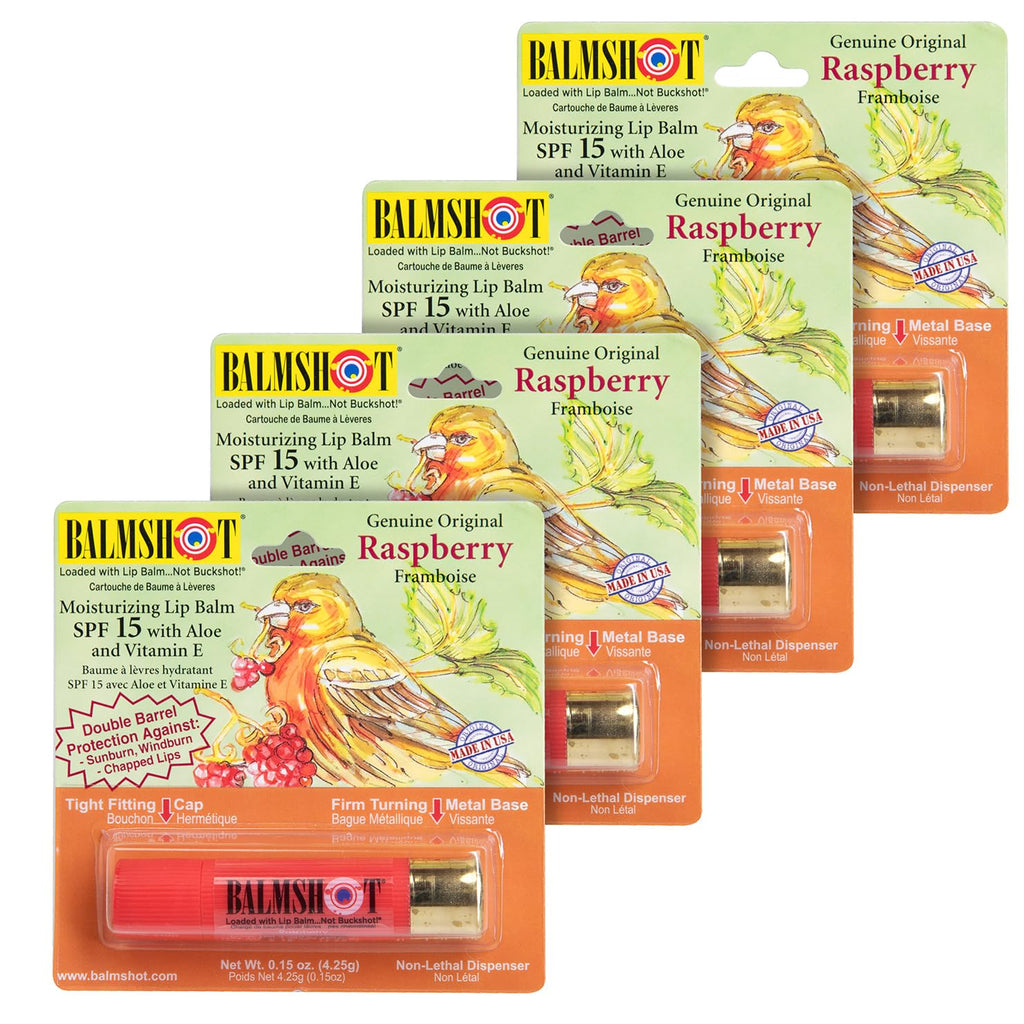 BALMSHOT Lip Balm 4 Pack (Raspberry) – Hydration, SPF 15, USA-Made