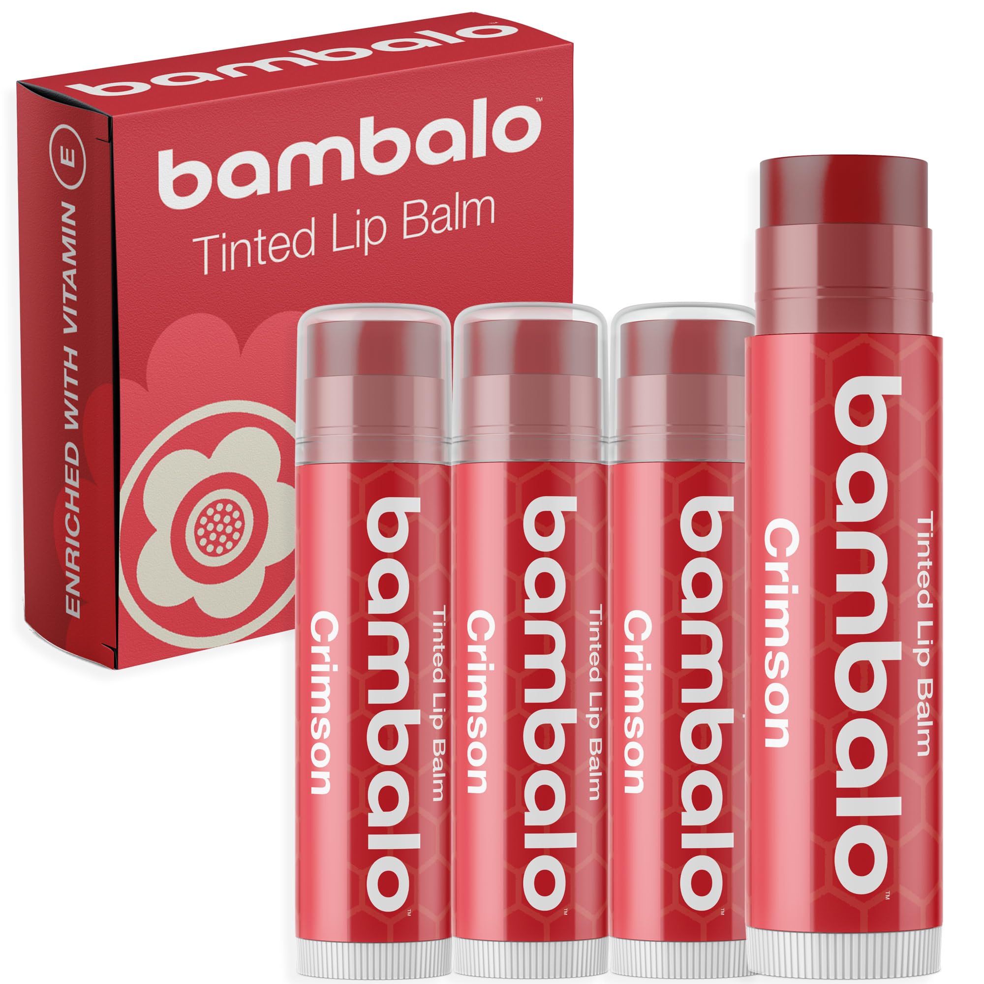 Bambalo Crimson Tinted Lip Balm 4-Pack | Hydrating, Natural Formula – Made in USA