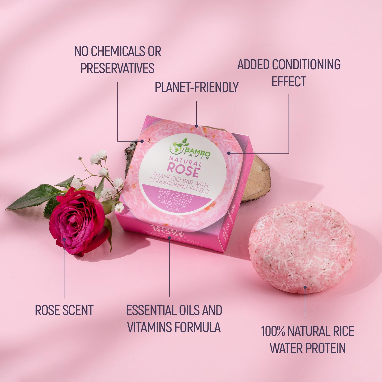 BAMBOEARTH Rose 12-Pack Solid Shampoo Bar & Conditioner Effect – Zero Waste, Plant-Based Hair Care