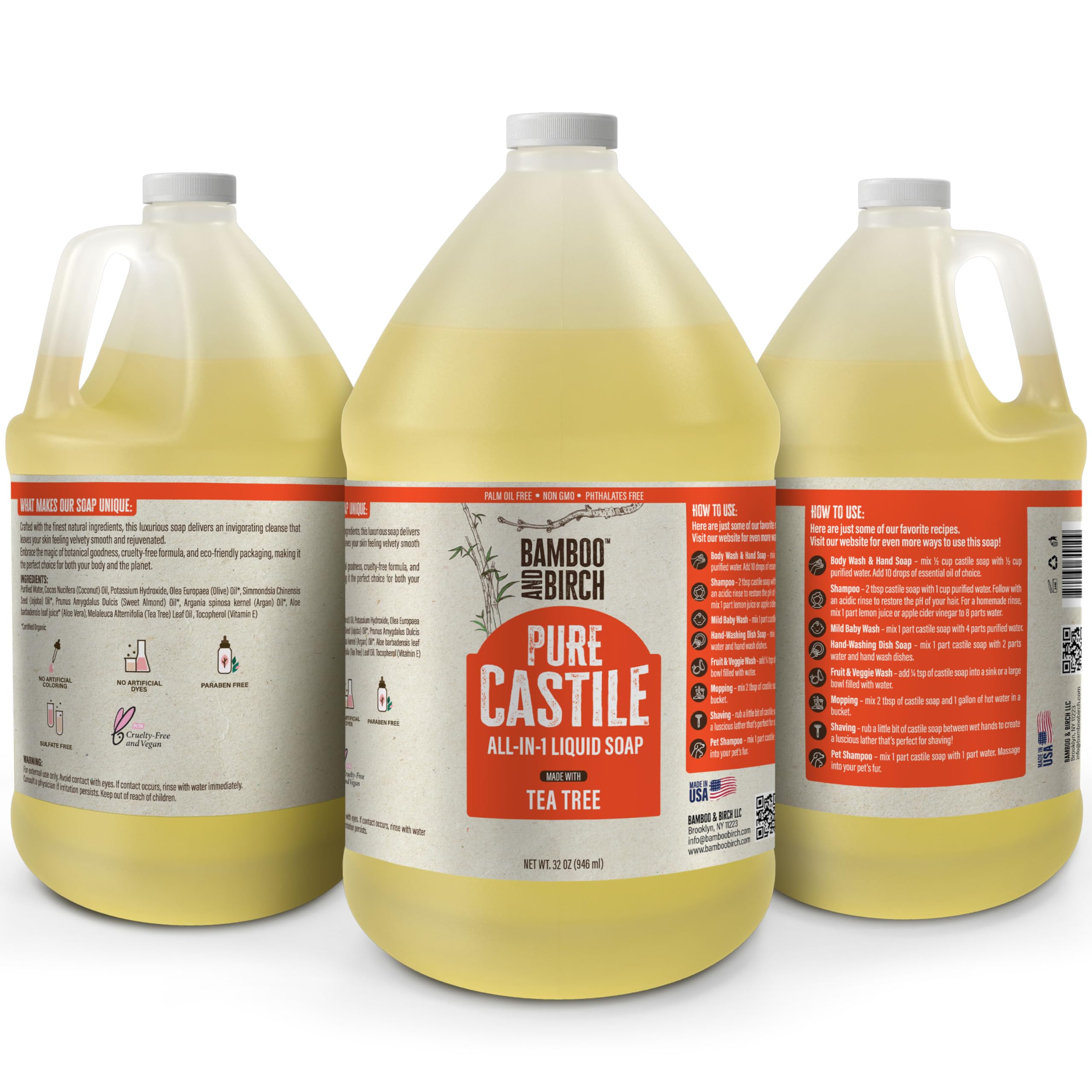 BAMBOO AND BIRCH Pure Castile Soap Liquid – Palm Oil Free, Tea Tree, 64 oz