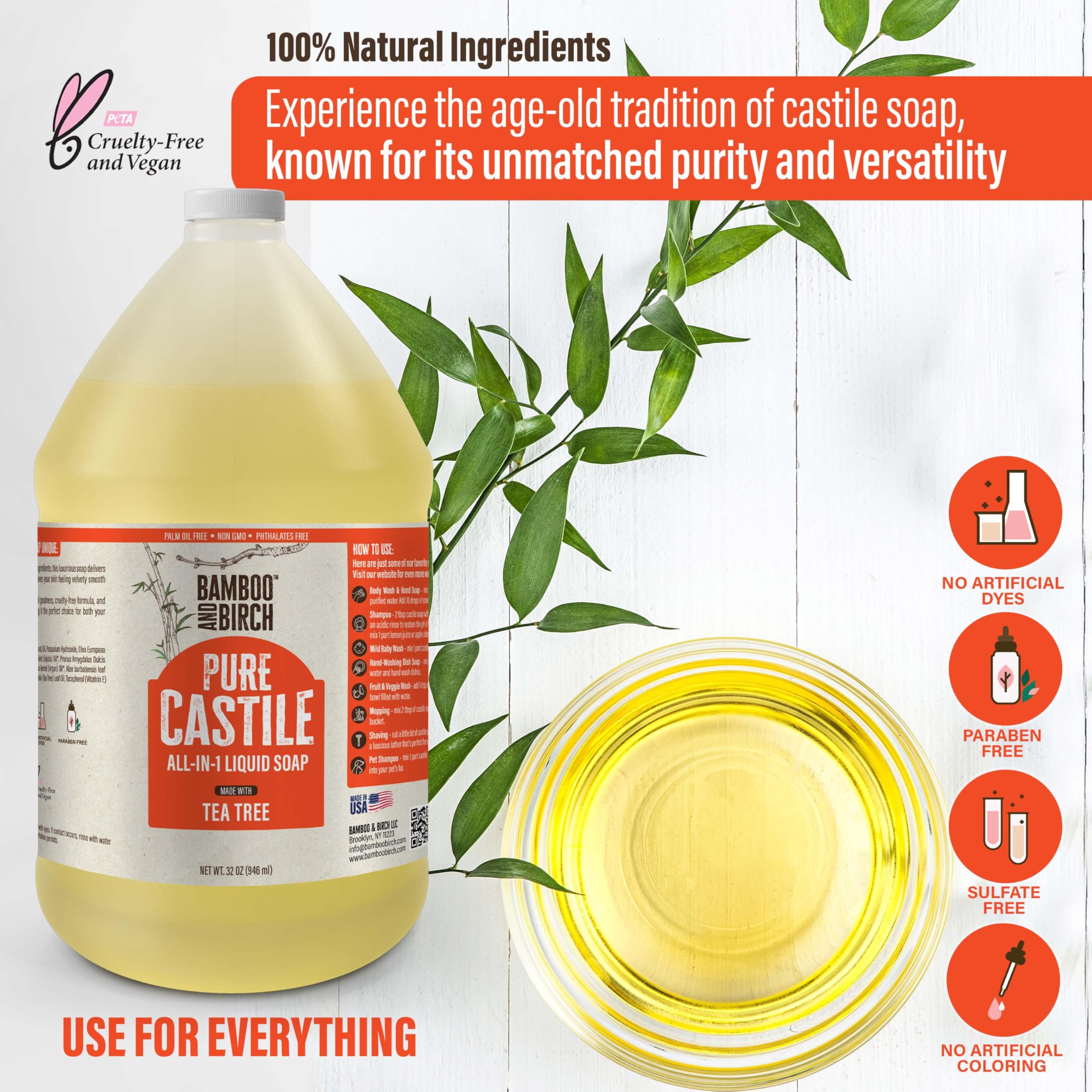 BAMBOO AND BIRCH Pure Castile Soap Liquid – Palm Oil Free, Tea Tree, 64 oz