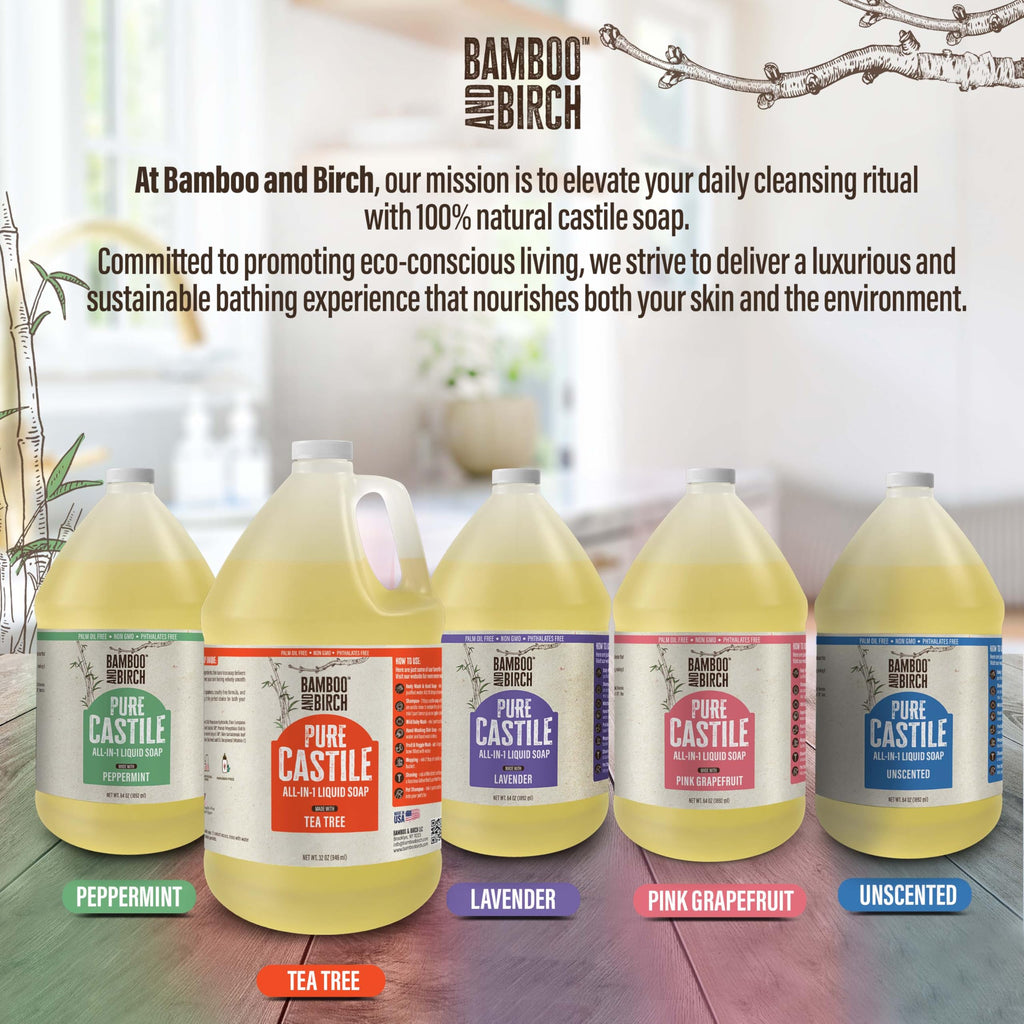 BAMBOO AND BIRCH Pure Castile Soap Liquid – Palm Oil Free, Tea Tree, 64 oz