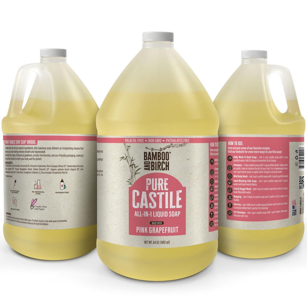 BAMBOO AND BIRCH Pure Castile Soap Liquid – Palm Oil Free, Citrus Grapefruit, 64 oz