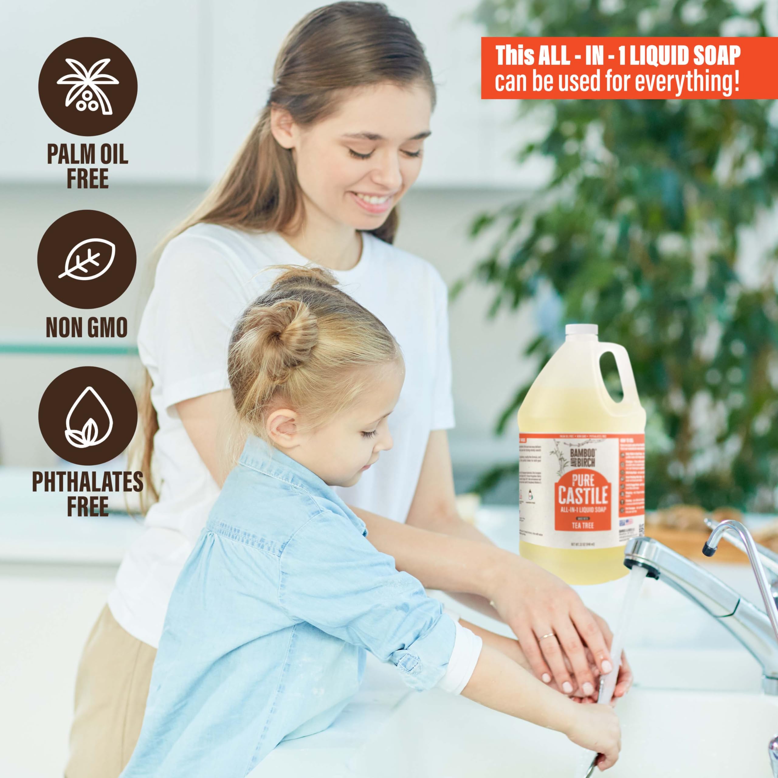 BAMBOO AND BIRCH Pure Castile Soap Liquid – Palm Oil Free, Tea Tree, 64 oz