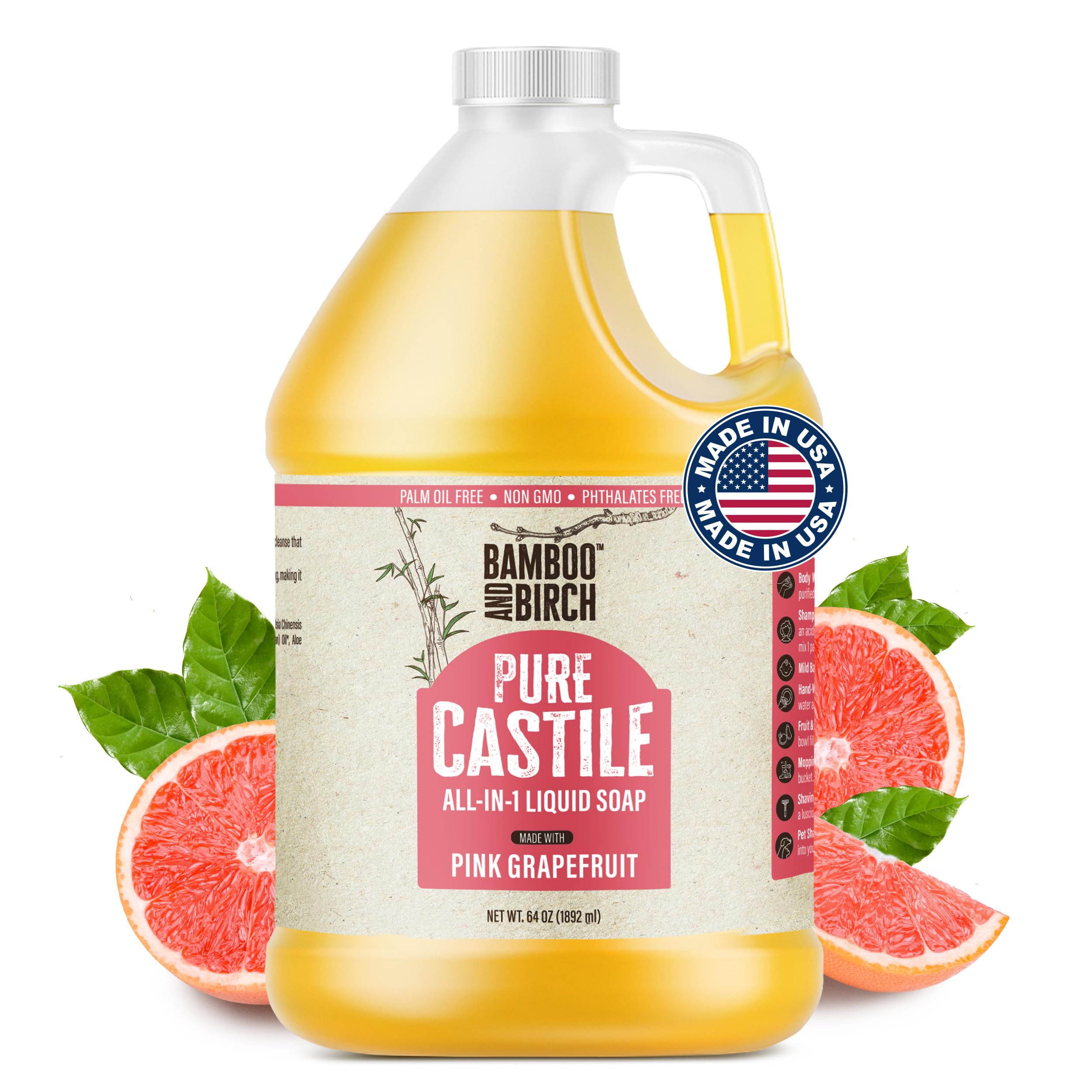 BAMBOO AND BIRCH Pure Castile Soap Liquid – Palm Oil Free, Citrus Grapefruit, 64 oz