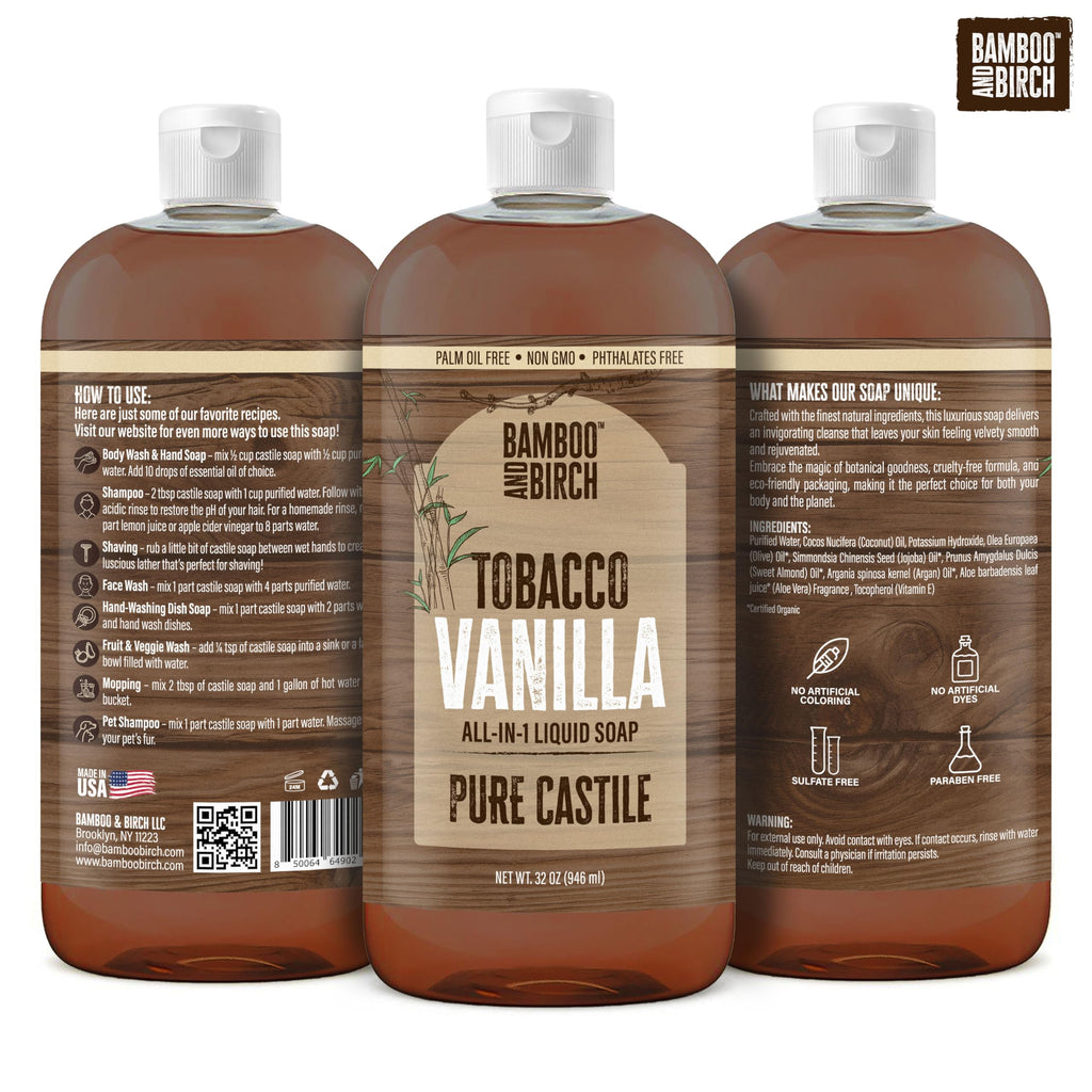 Bamboo and Birch Pure Castile Soap Liquid – Tobacco Vanilla, Palm Oil Free, 32 oz