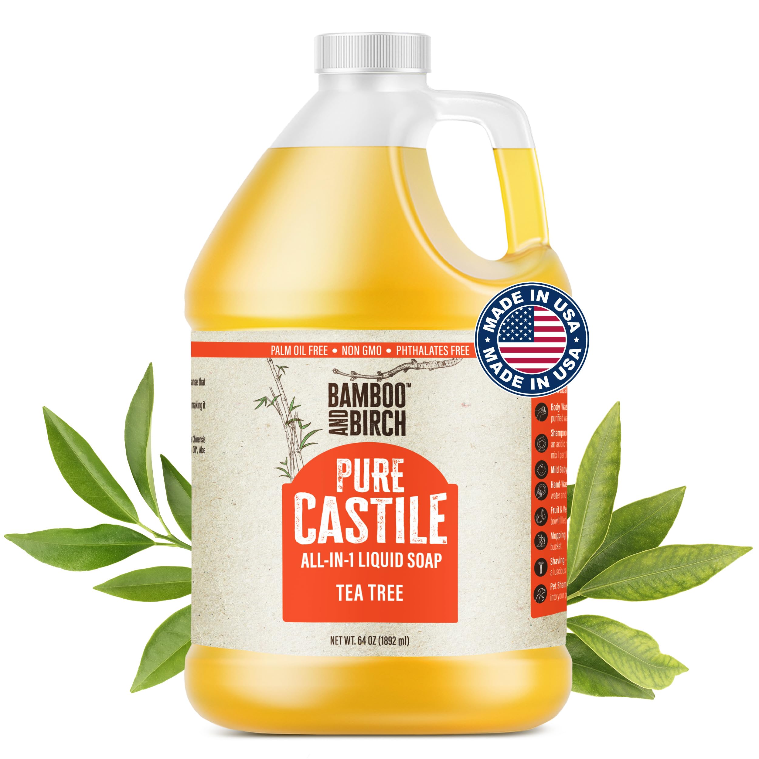 BAMBOO AND BIRCH Pure Castile Soap Liquid – Palm Oil Free, Tea Tree, 64 oz