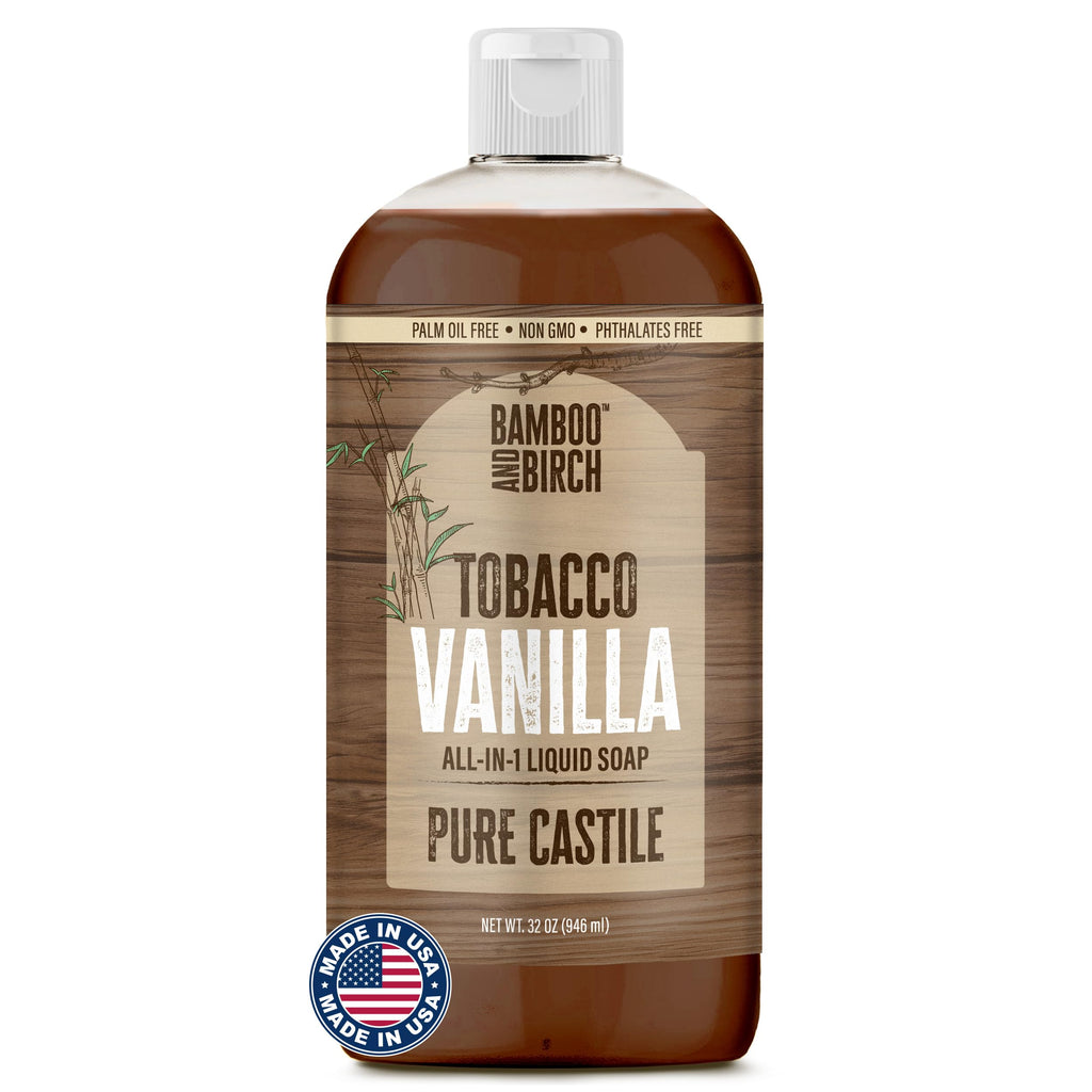 Bamboo and Birch Pure Castile Soap Liquid – Tobacco Vanilla, Palm Oil Free, 32 oz