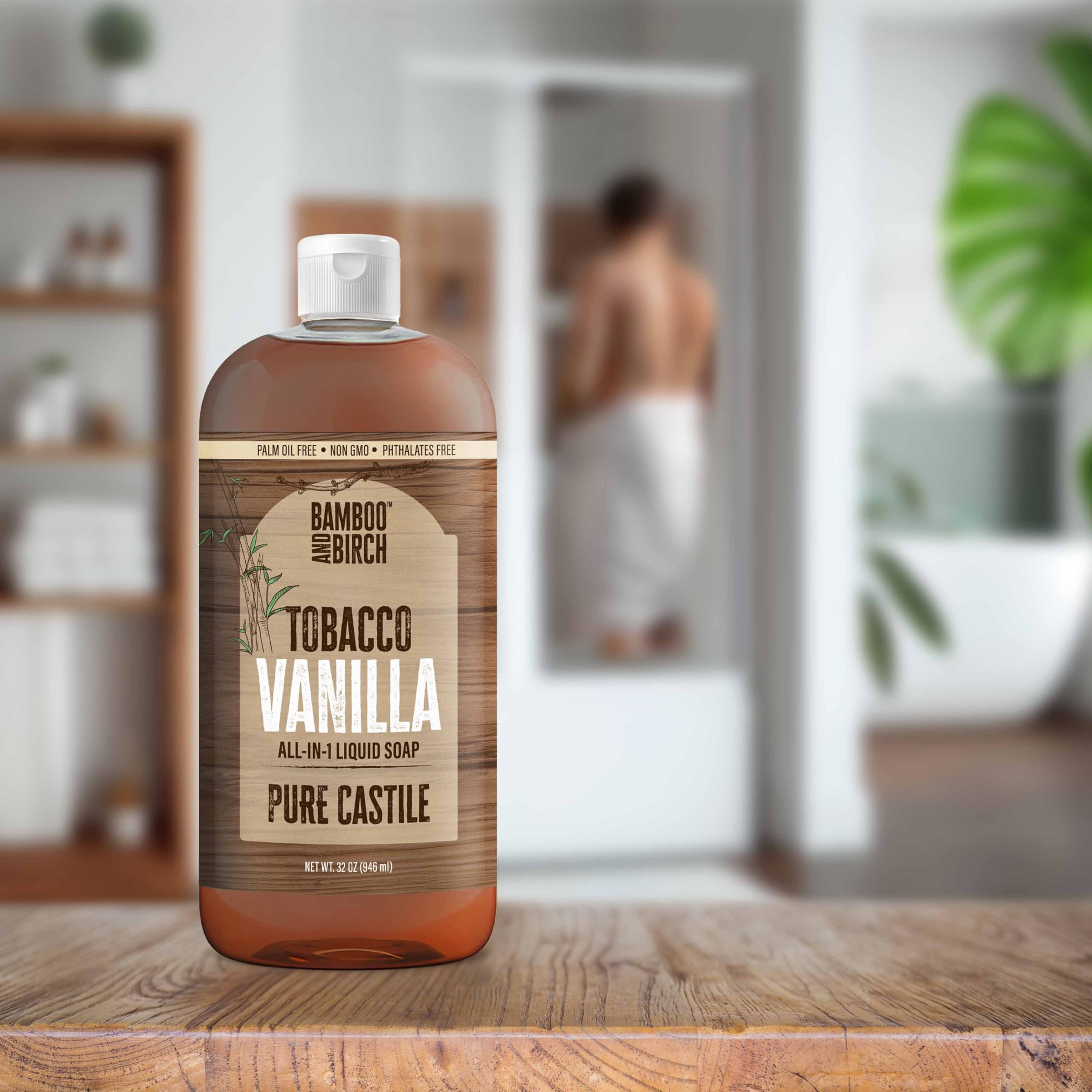 Bamboo and Birch Pure Castile Soap Liquid – Tobacco Vanilla, Palm Oil Free, 32 oz