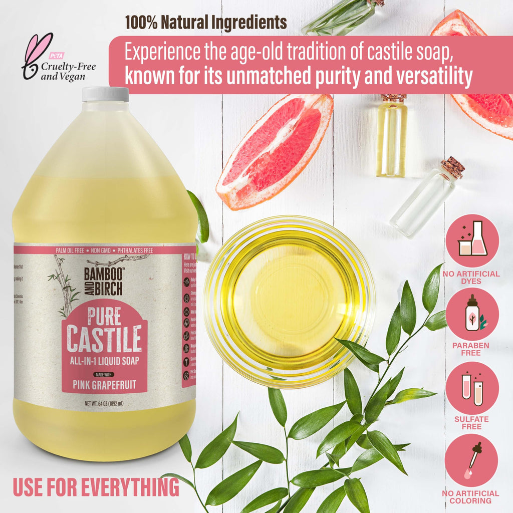 BAMBOO AND BIRCH Pure Castile Soap Liquid – Palm Oil Free, Citrus Grapefruit, 64 oz