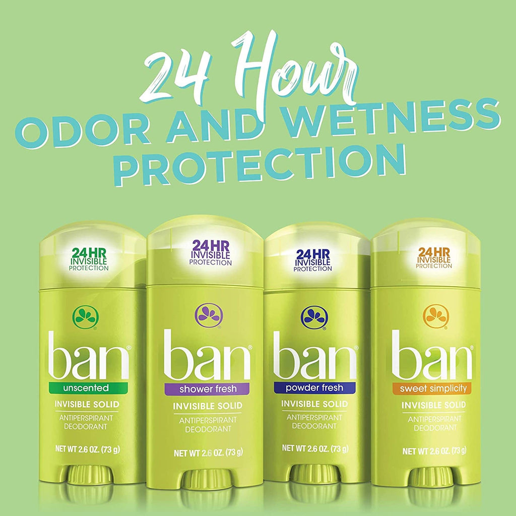 Ban Invisible Solid Antiperspirant Deodorant – 24-Hour Odor & Sweat Protection, Unscented, 2.6 Oz (Pack of 4)