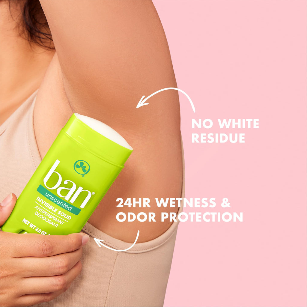 Ban Invisible Solid Antiperspirant Deodorant – 24-Hour Odor & Sweat Protection, Unscented, 2.6 Oz (Pack of 4)