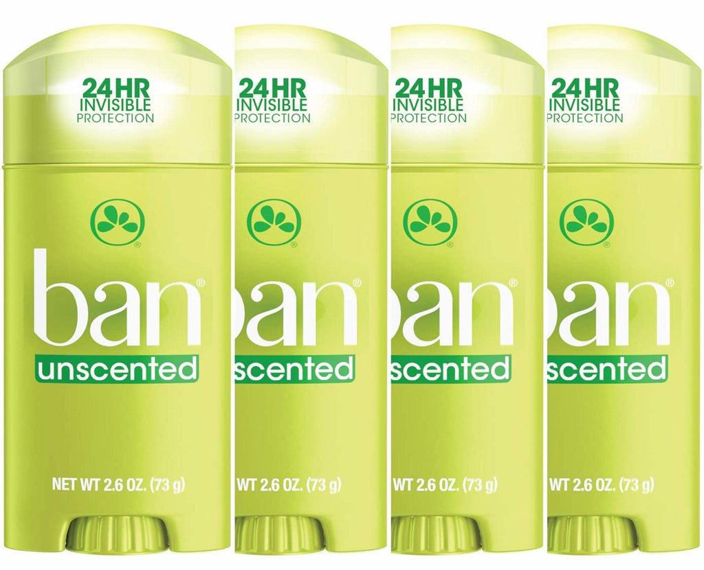 Ban Invisible Solid Antiperspirant Deodorant – 24-Hour Odor & Sweat Protection, Unscented, 2.6 Oz (Pack of 4)
