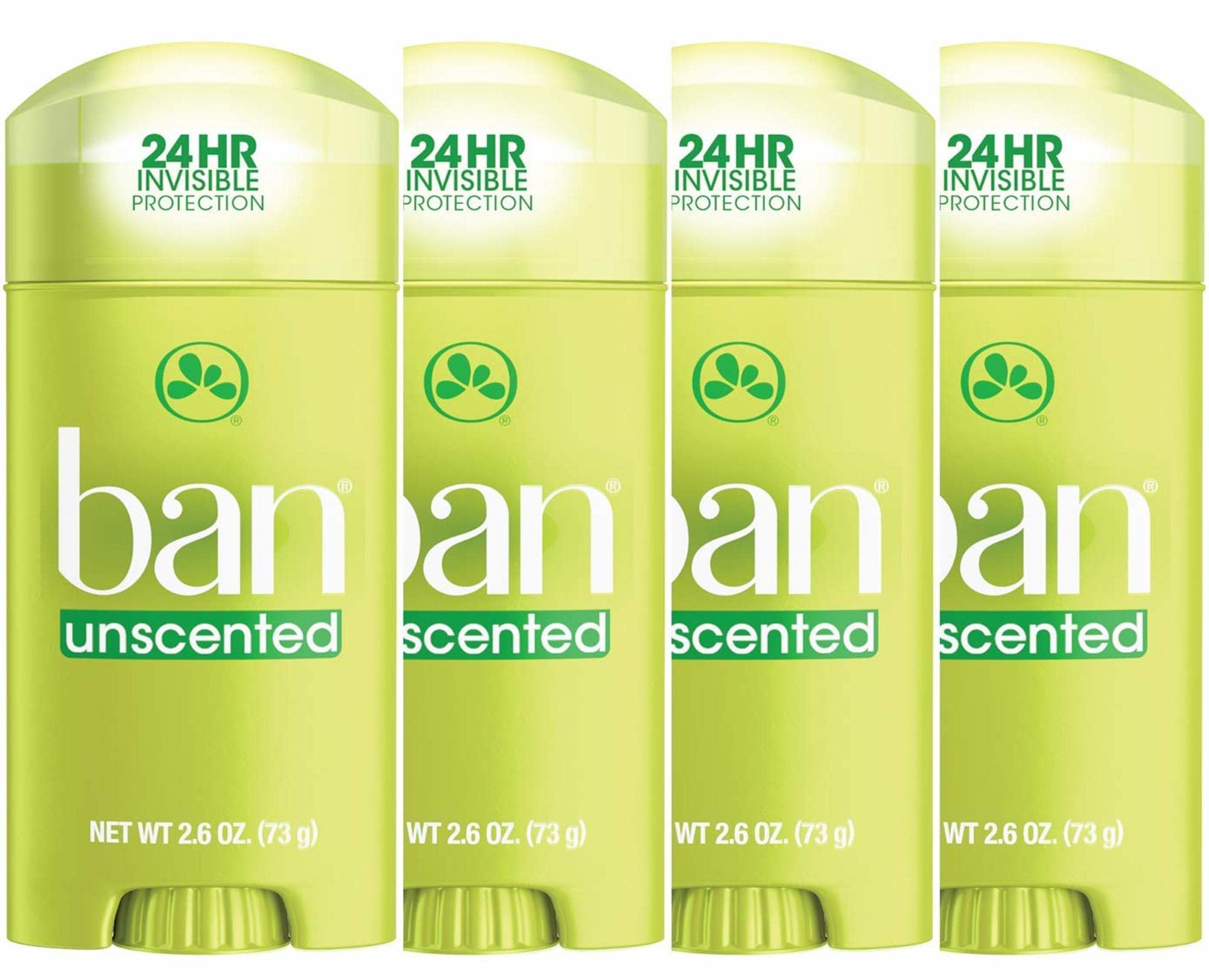 Ban Invisible Solid Antiperspirant Deodorant – 24-Hour Odor & Sweat Protection, Unscented, 2.6 Oz (Pack of 4)