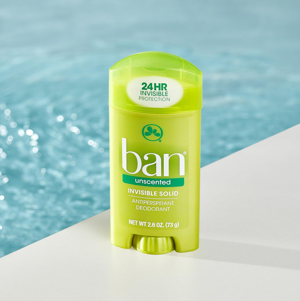Ban Invisible Solid Antiperspirant Deodorant – 24-Hour Odor & Sweat Protection, Unscented, 2.6 Oz (Pack of 4)