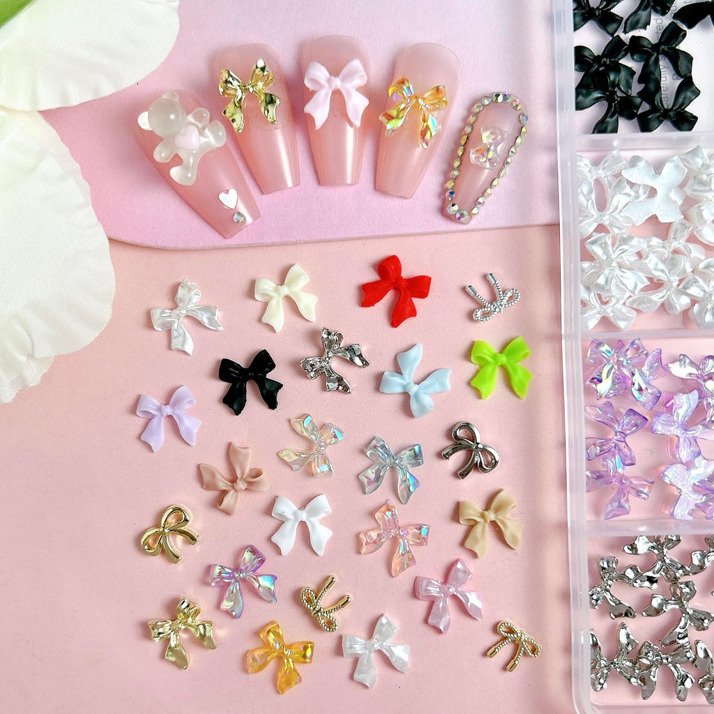 BANA ART Kawaii Color Bow Nail Charms Kit – 3D Gold & Silver Bows for Nails
