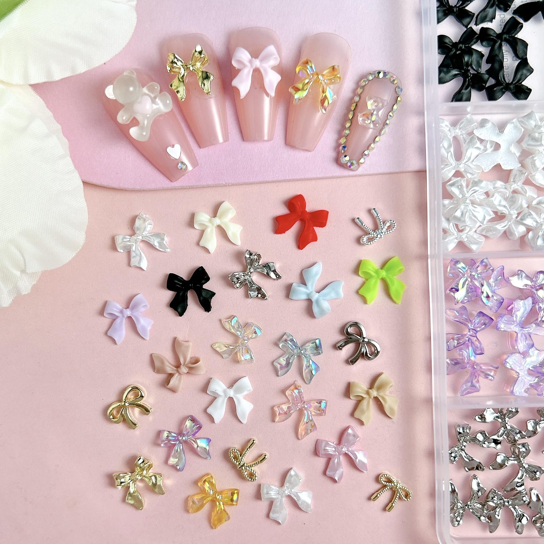 BANA ART Kawaii Color Bow Nail Charms Kit – 3D Gold & Silver Bows for Nails