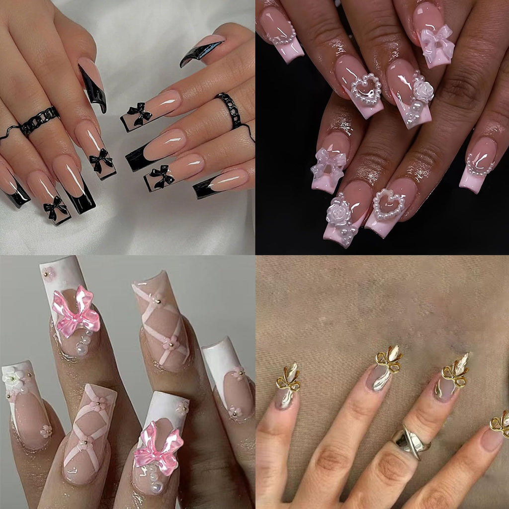 BANA ART Kawaii Color Bow Nail Charms Kit – 3D Gold & Silver Bows for Nails