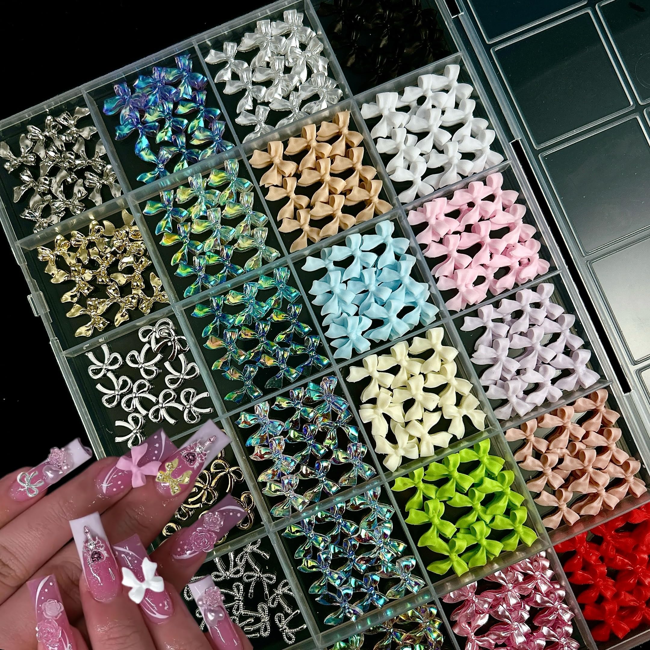BANA ART Kawaii Color Bow Nail Charms Kit – 3D Gold & Silver Bows for Nails