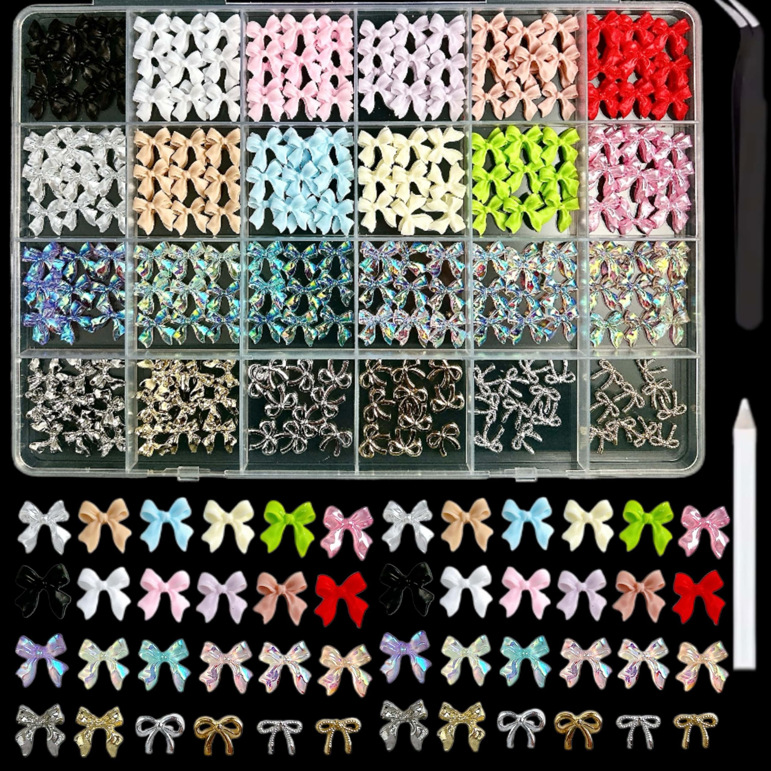 BANA ART Kawaii Color Bow Nail Charms Kit – 3D Gold & Silver Bows for Nails