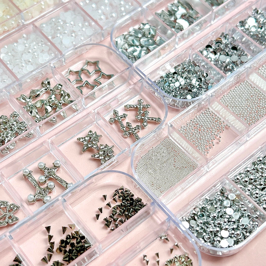 BANA ART Silver Nail Charms Y2K Kit – 5 Boxes of 3D Charms, Pearls, Rhinestones & Rivets