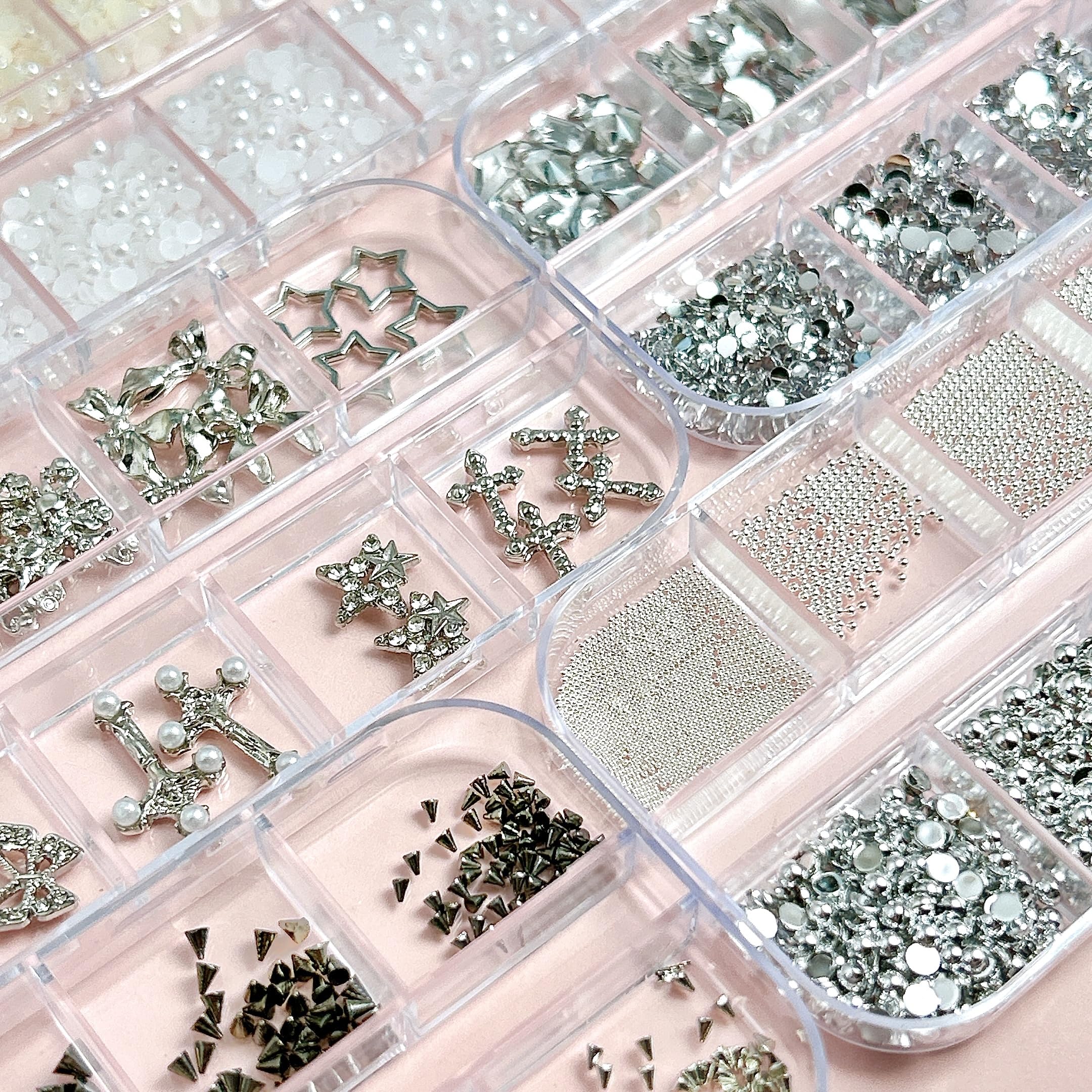 BANA ART Silver Nail Charms Y2K Kit – 5 Boxes of 3D Charms, Pearls, Rhinestones & Rivets