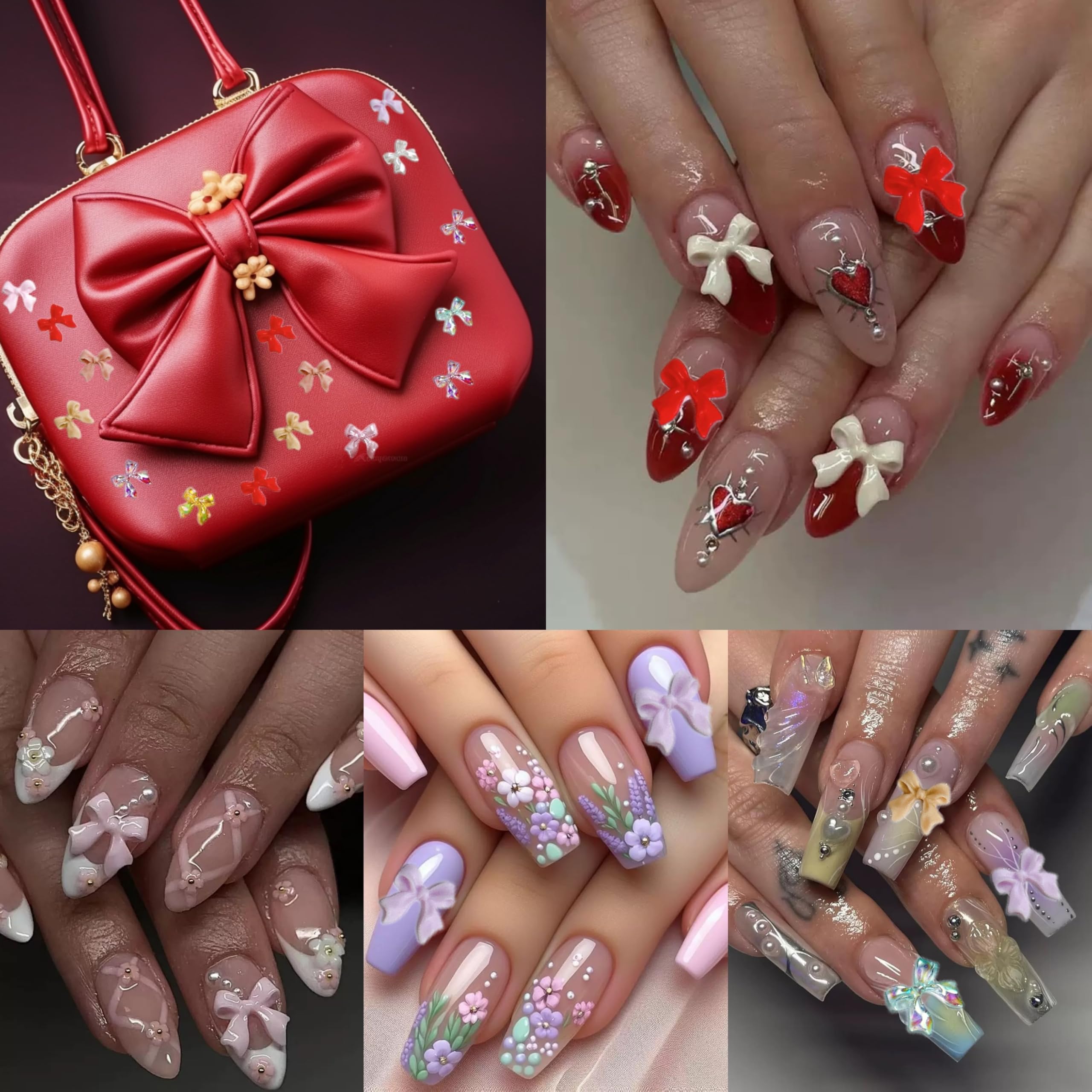 BANA ART Kawaii Color Bow Nail Charms Kit – 3D Gold & Silver Bows for Nails