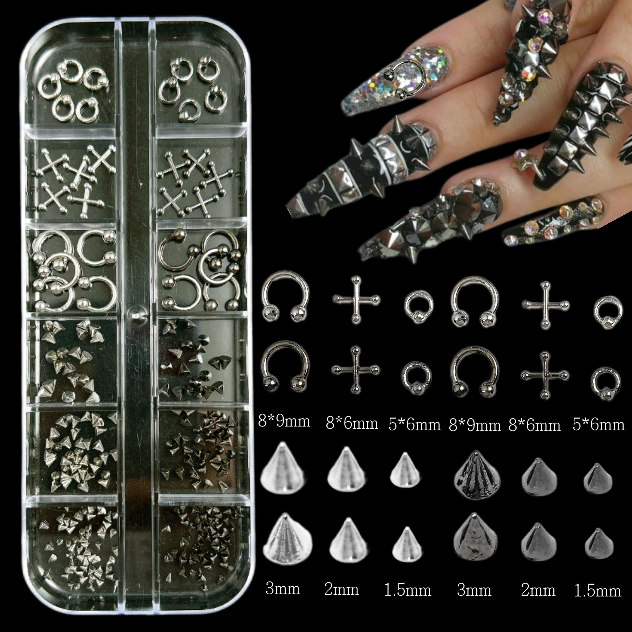BANA ART Silver Nail Charms Y2K Kit – 5 Boxes of 3D Charms, Pearls, Rhinestones & Rivets