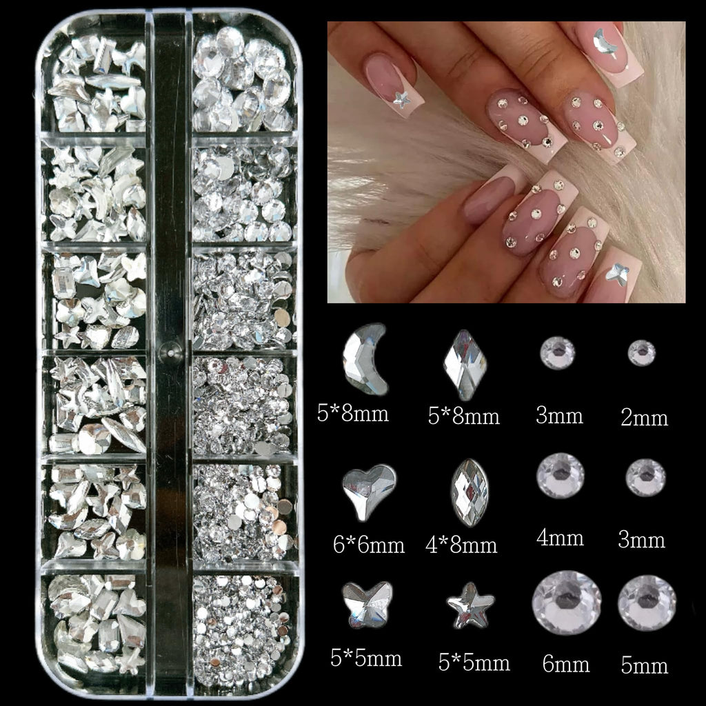 BANA ART Silver Nail Charms Y2K Kit – 5 Boxes of 3D Charms, Pearls, Rhinestones & Rivets