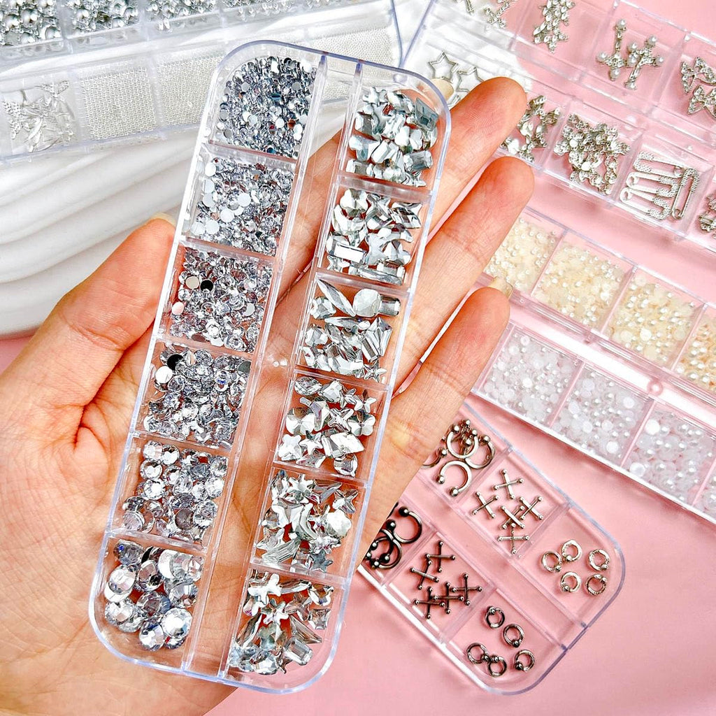 BANA ART Silver Nail Charms Y2K Kit – 5 Boxes of 3D Charms, Pearls, Rhinestones & Rivets