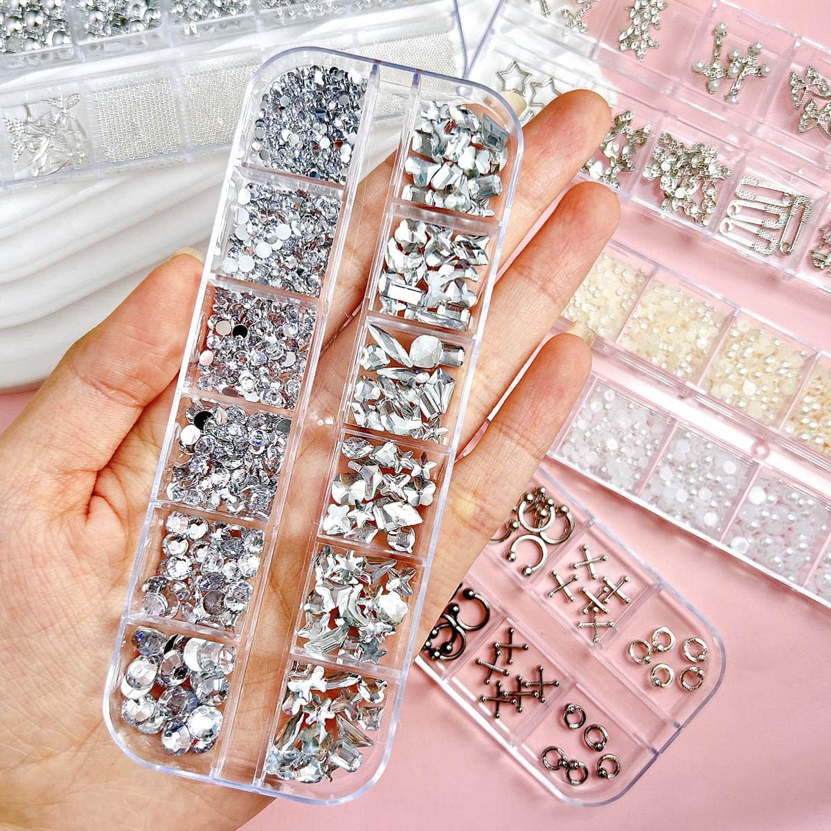 BANA ART Silver Nail Charms Y2K Kit – 5 Boxes of 3D Charms, Pearls, Rhinestones & Rivets