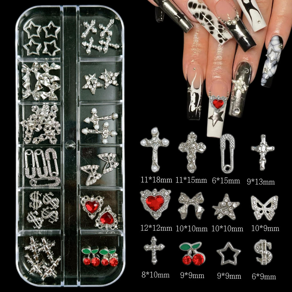 BANA ART Silver Nail Charms Y2K Kit – 5 Boxes of 3D Charms, Pearls, Rhinestones & Rivets