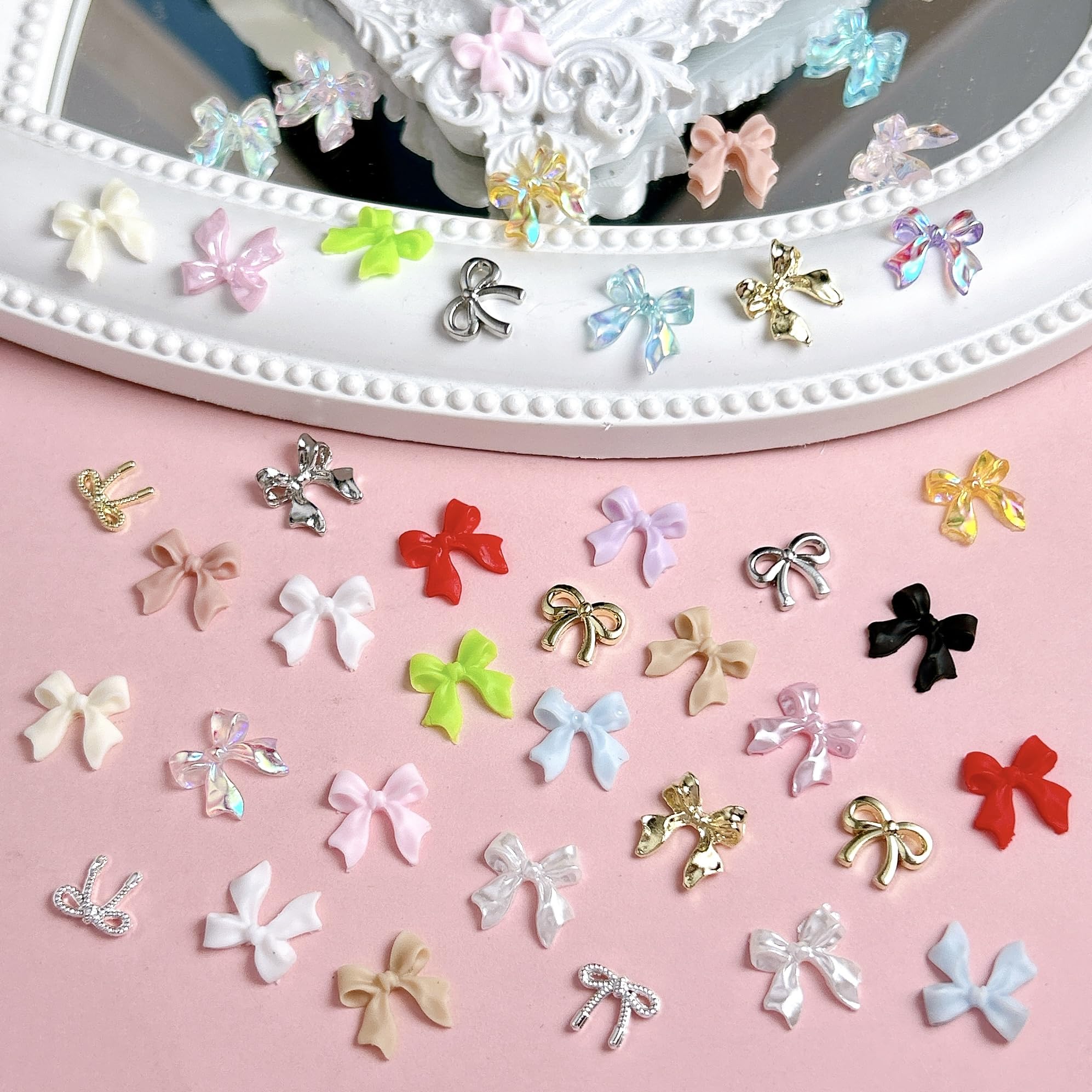 BANA ART Kawaii Color Bow Nail Charms Kit – 3D Gold & Silver Bows for Nails